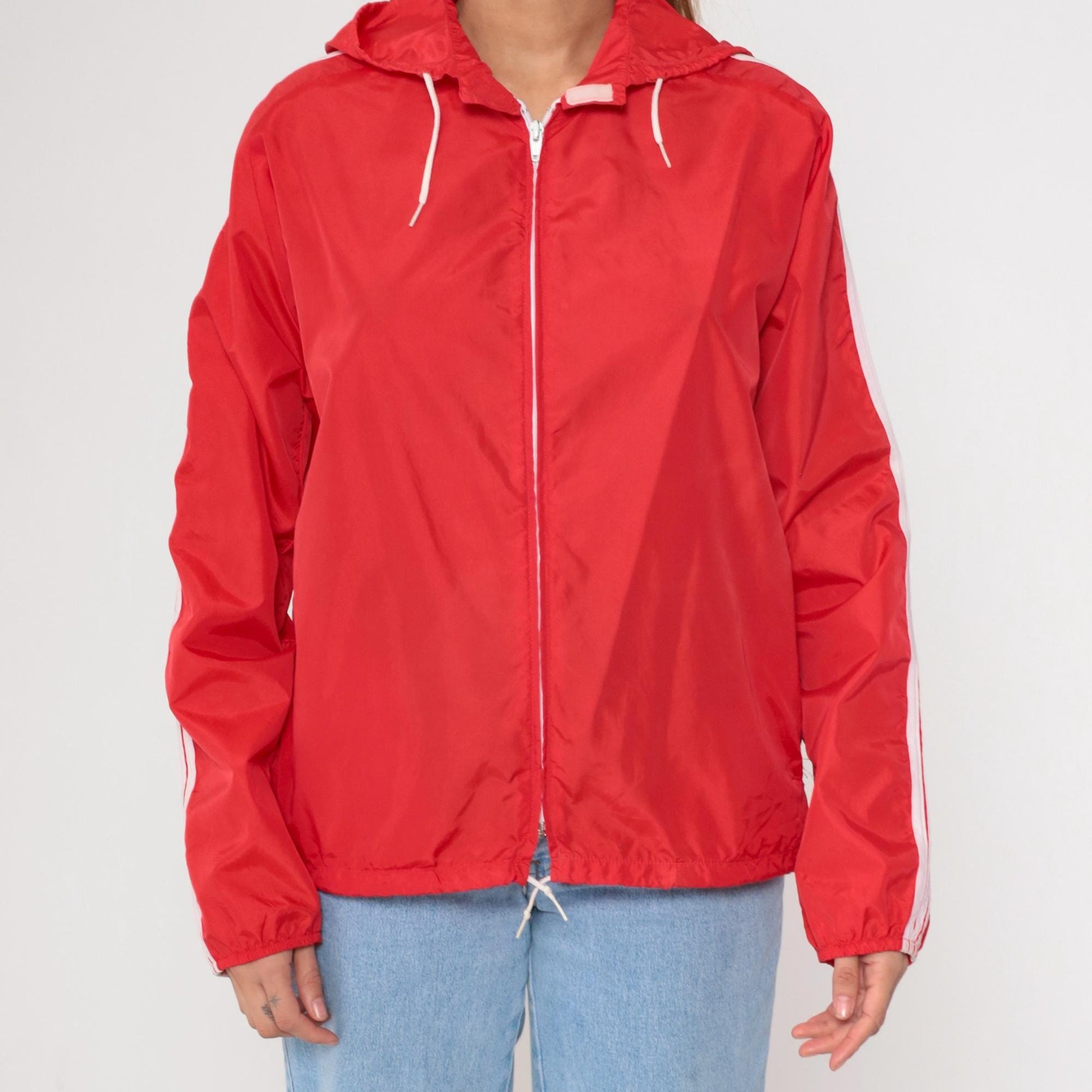 90s SUB4 Red Nylon Windbreaker Hooded Jacket Striped Sleeves Medium