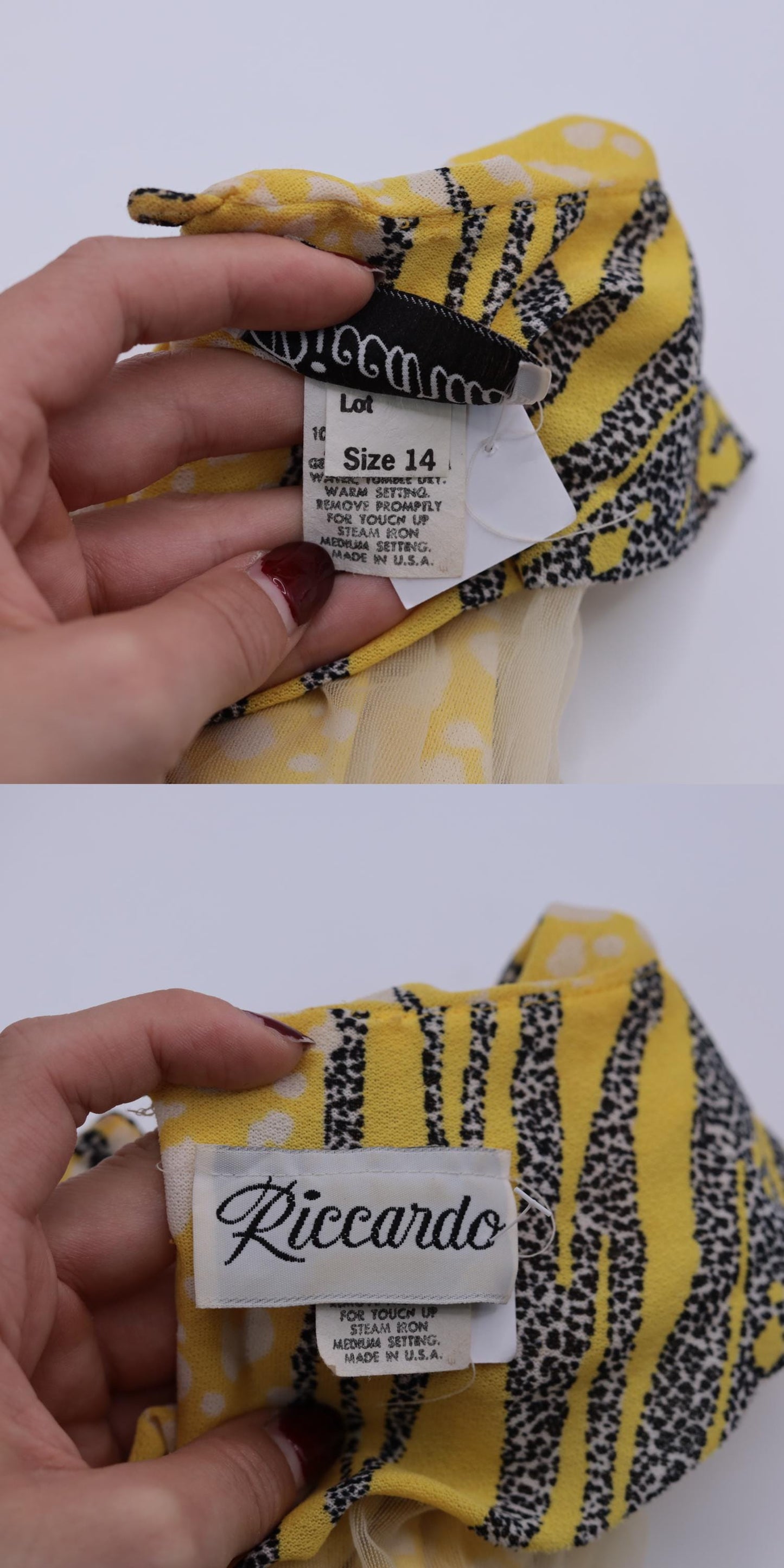 80s Yellow Leopard Striped Midi Dress Puff Sleeve Peplum Bow Drop Waist Large