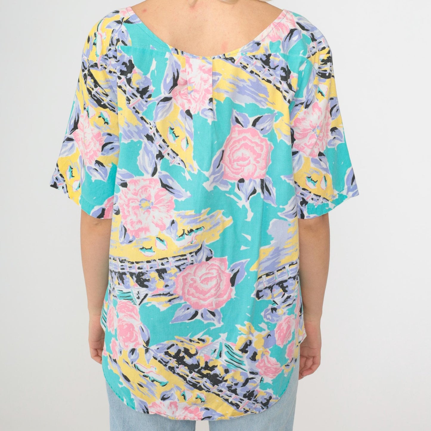 90s Cherokee Turquoise Floral Abstract Button-Up Blouse Short Sleeve Medium