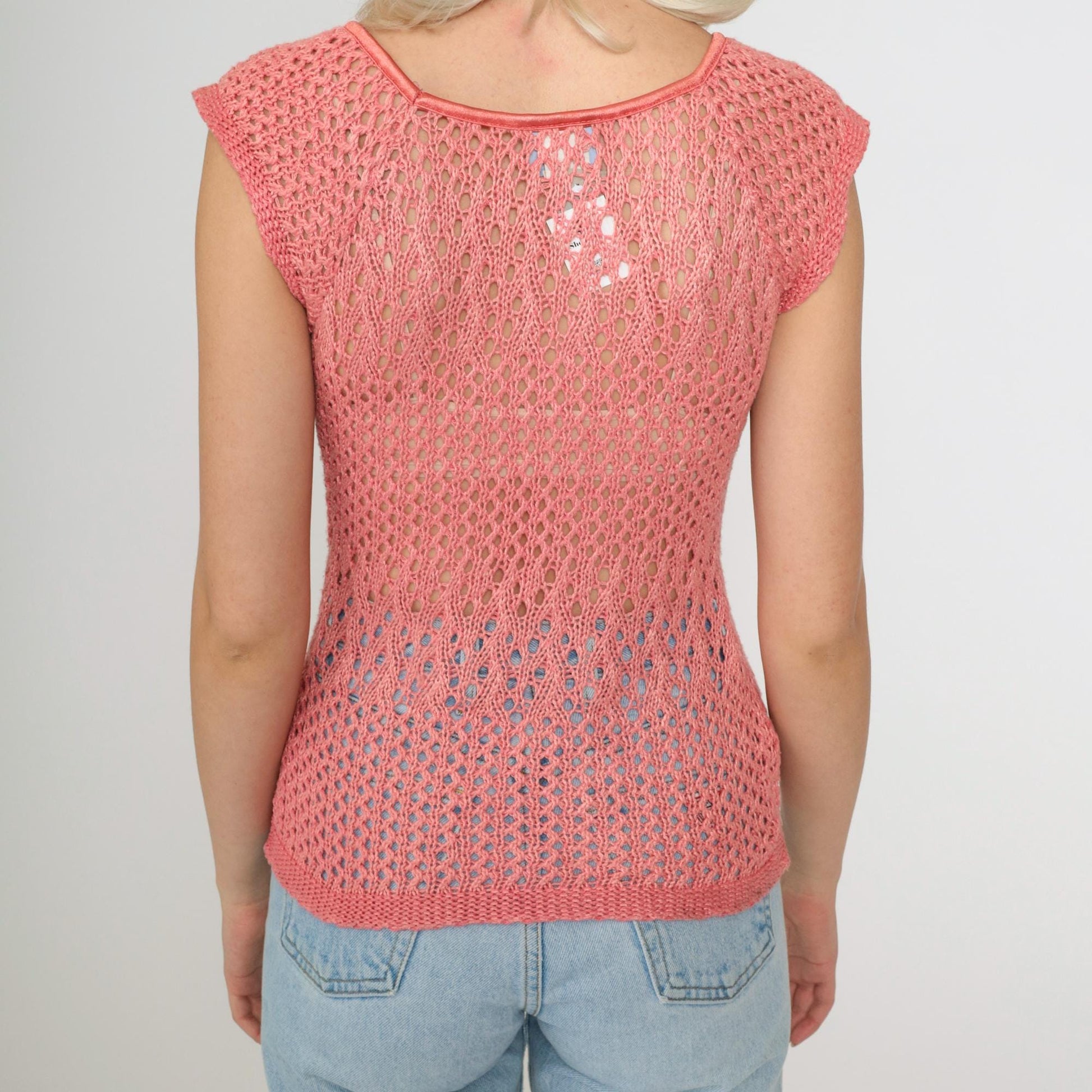 90s Pink Crochet Short Sleeve Top Sheer Knit Blouse Small