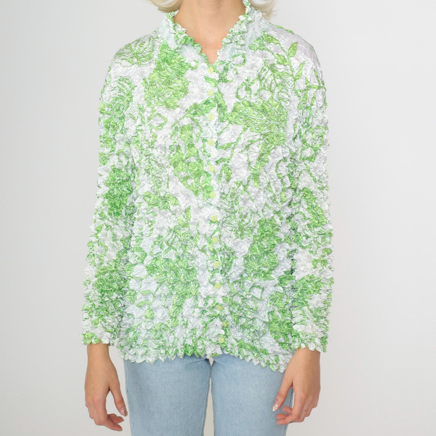 Y2K Tropical Leaf Popcorn Shirt White Green Long Sleeve Button Up Small