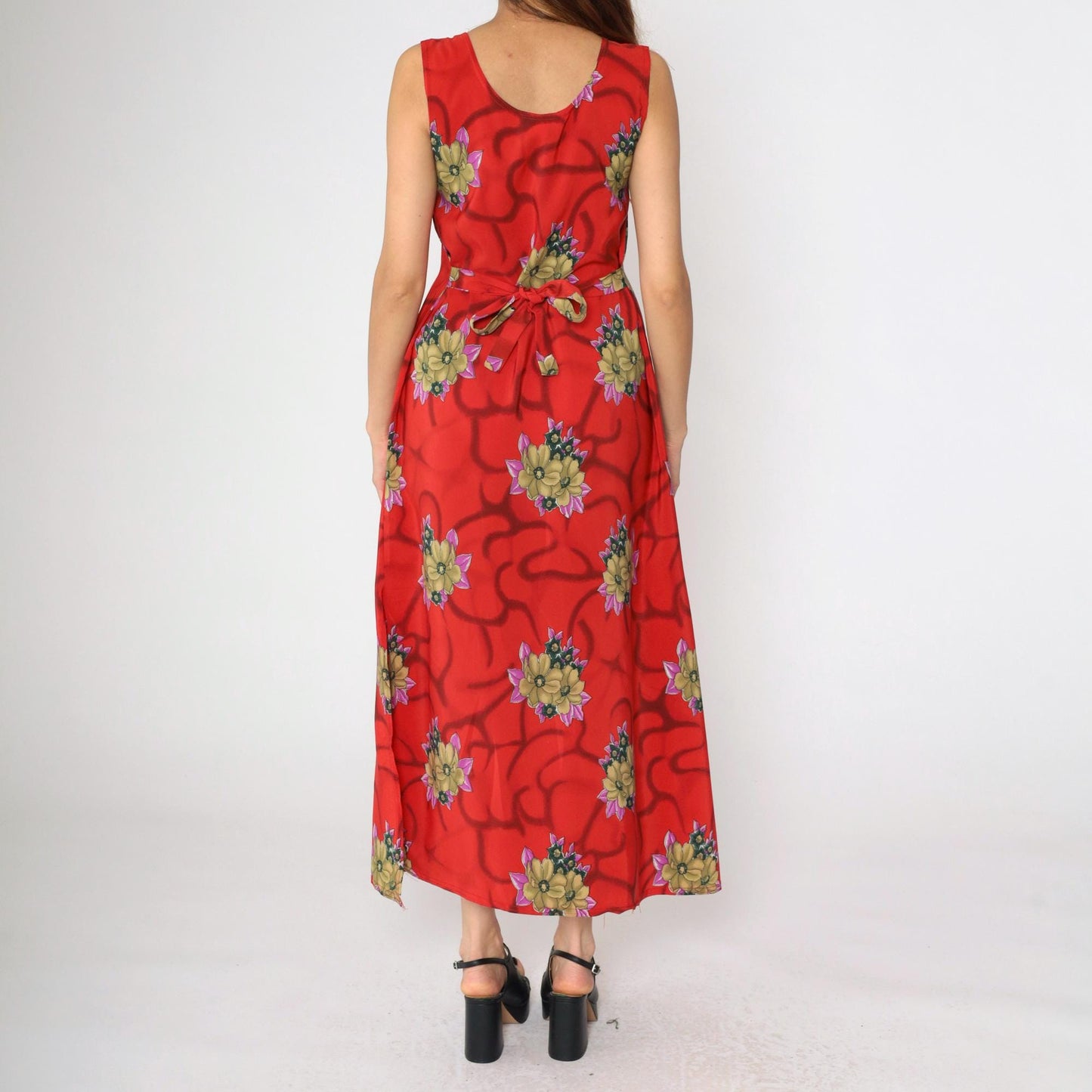 90s Red Floral Maxi Dress Sleeveless Scoop Neck Small S