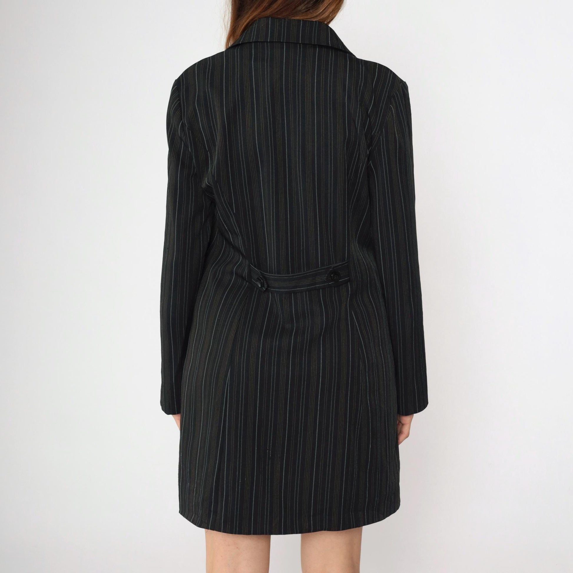90s Black Pinstripe Jacket Dress Suits Us Collared Button-Front Medium