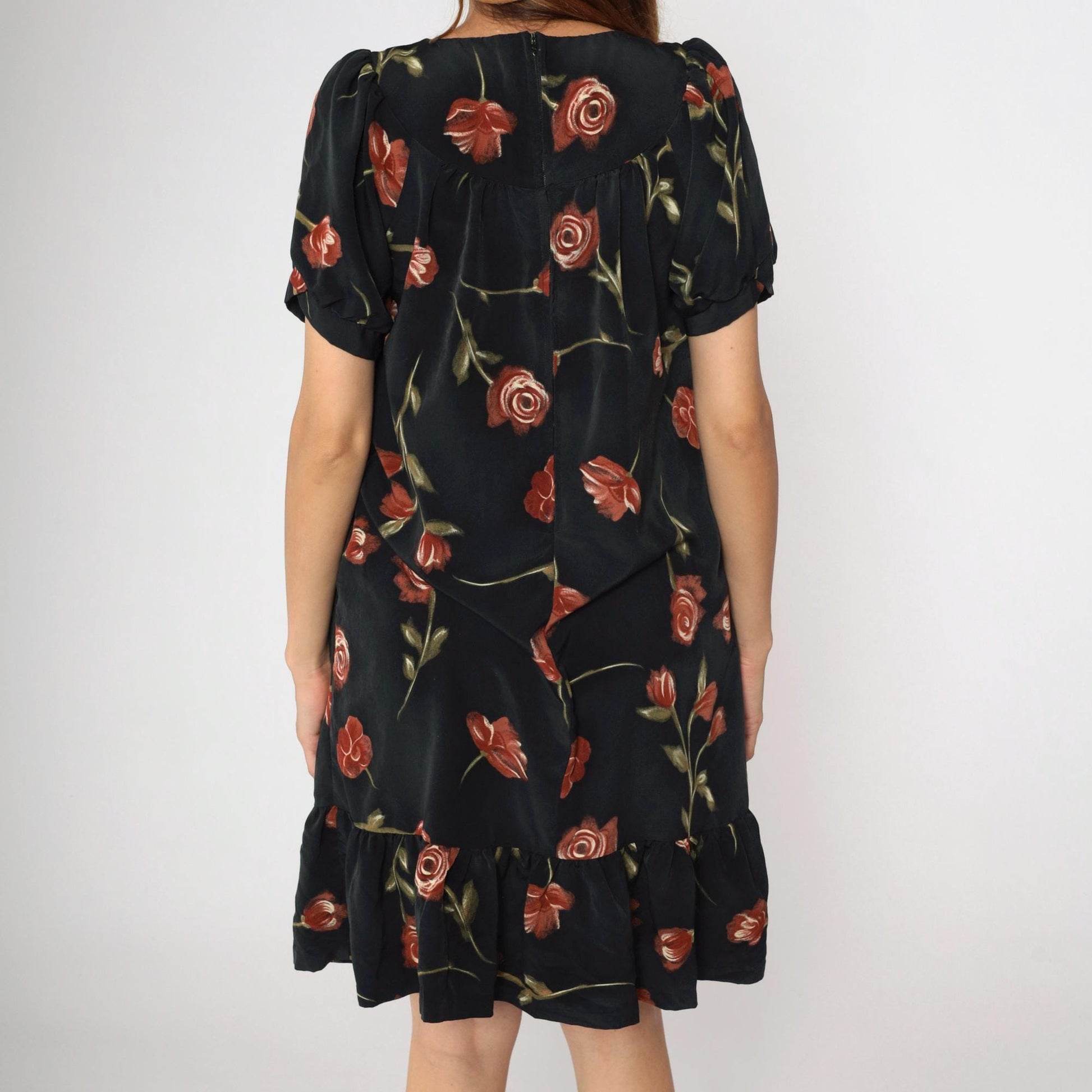 90s Black Floral Mini Dress Puff Sleeve A-Line Red Rose Print Medium