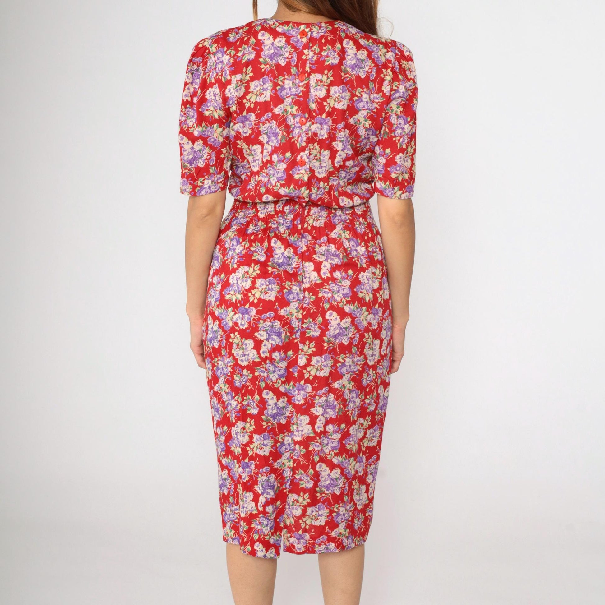 90s Karin Stevens Floral Midi Dress Red Puff Sleeve High Waist Medium 8
