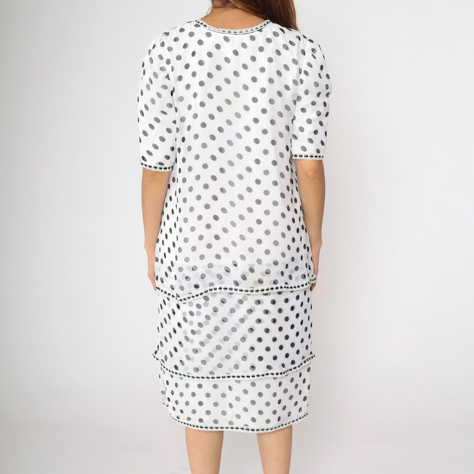 80s White Polka Dot Chiffon Midi Dress Puff Sleeve Ascot Bow Medium