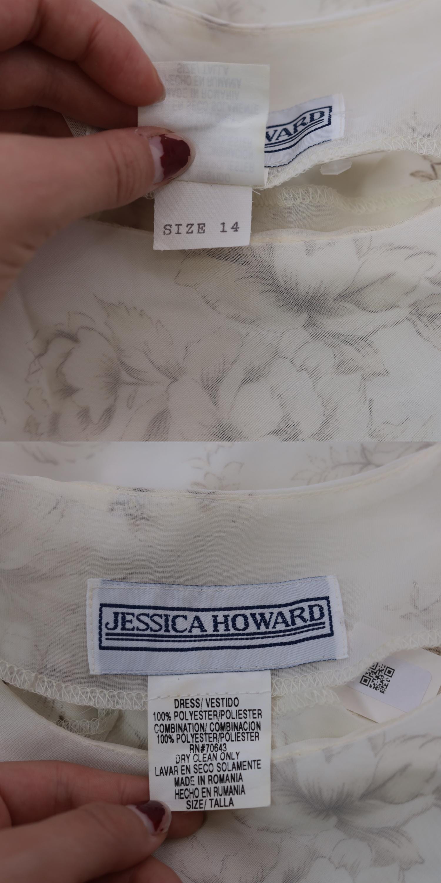 90s Jessica Howard Floral Mini Dress Cream Chiffon Shift Short Sleeve Large