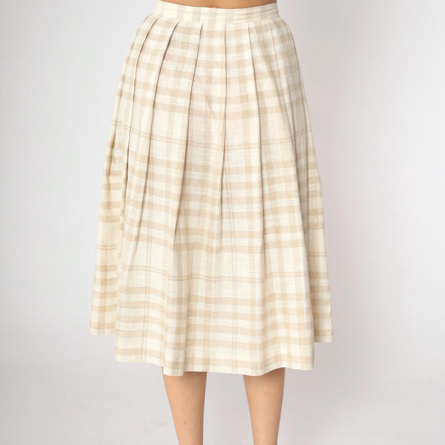 90s Tan Cream Plaid Pleated Midi Skirt High Waist Small