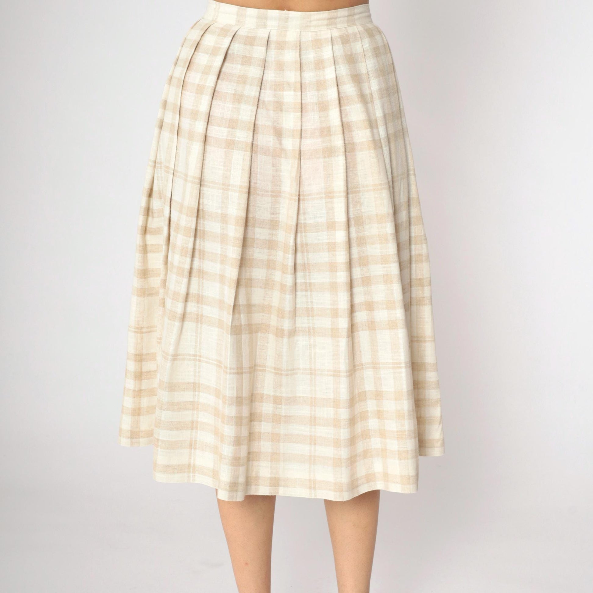 90s Tan Cream Plaid Pleated Midi Skirt High Waist Small
