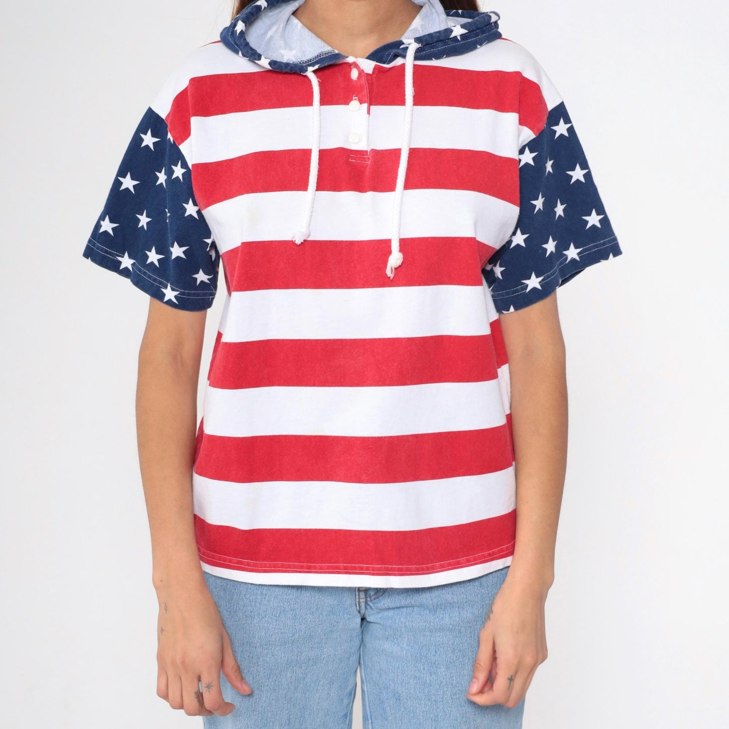 90s American Flag Stars and Stripes Hooded T-Shirt Cotton Youth Extra Large