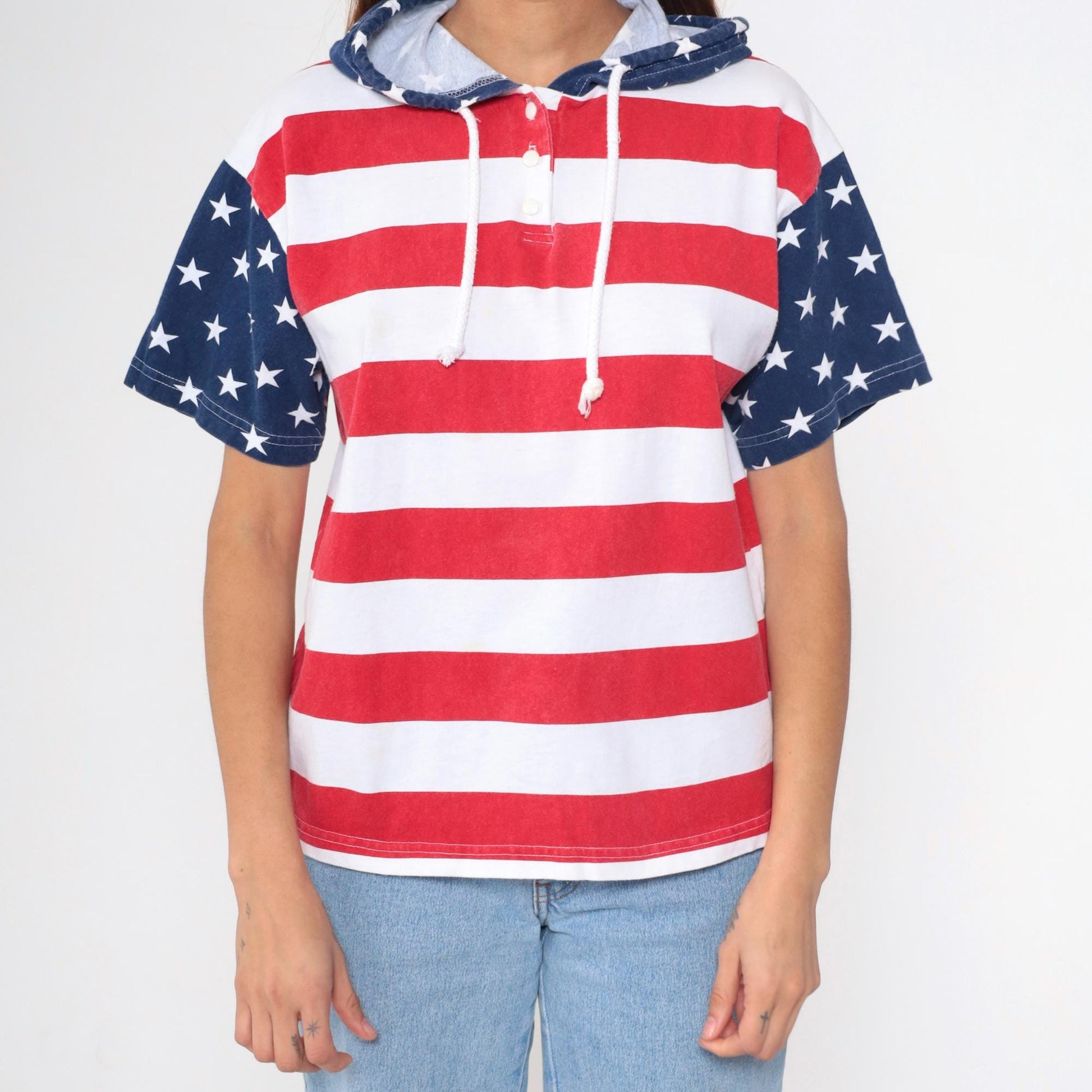 90s American Flag Stars and Stripes Hooded T-Shirt Cotton Youth Extra Large