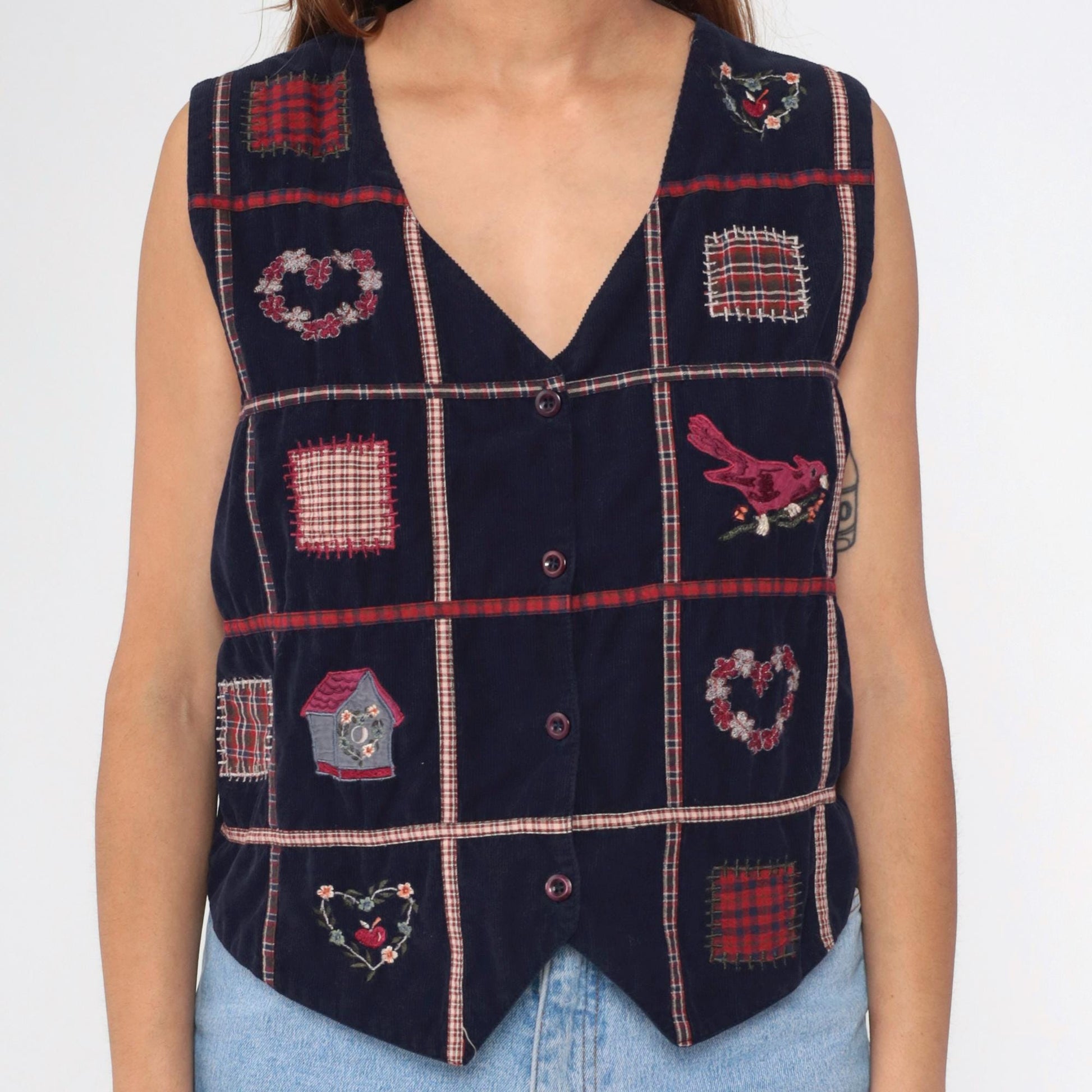 90s Navy Corduroy Patchwork Vest Button-Up Sleeveless Medium