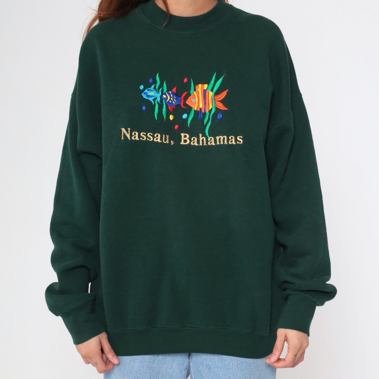 90s Nassau Bahamas Sweatshirt Dark Green Embroidered Fish Crewneck Extra Large XL