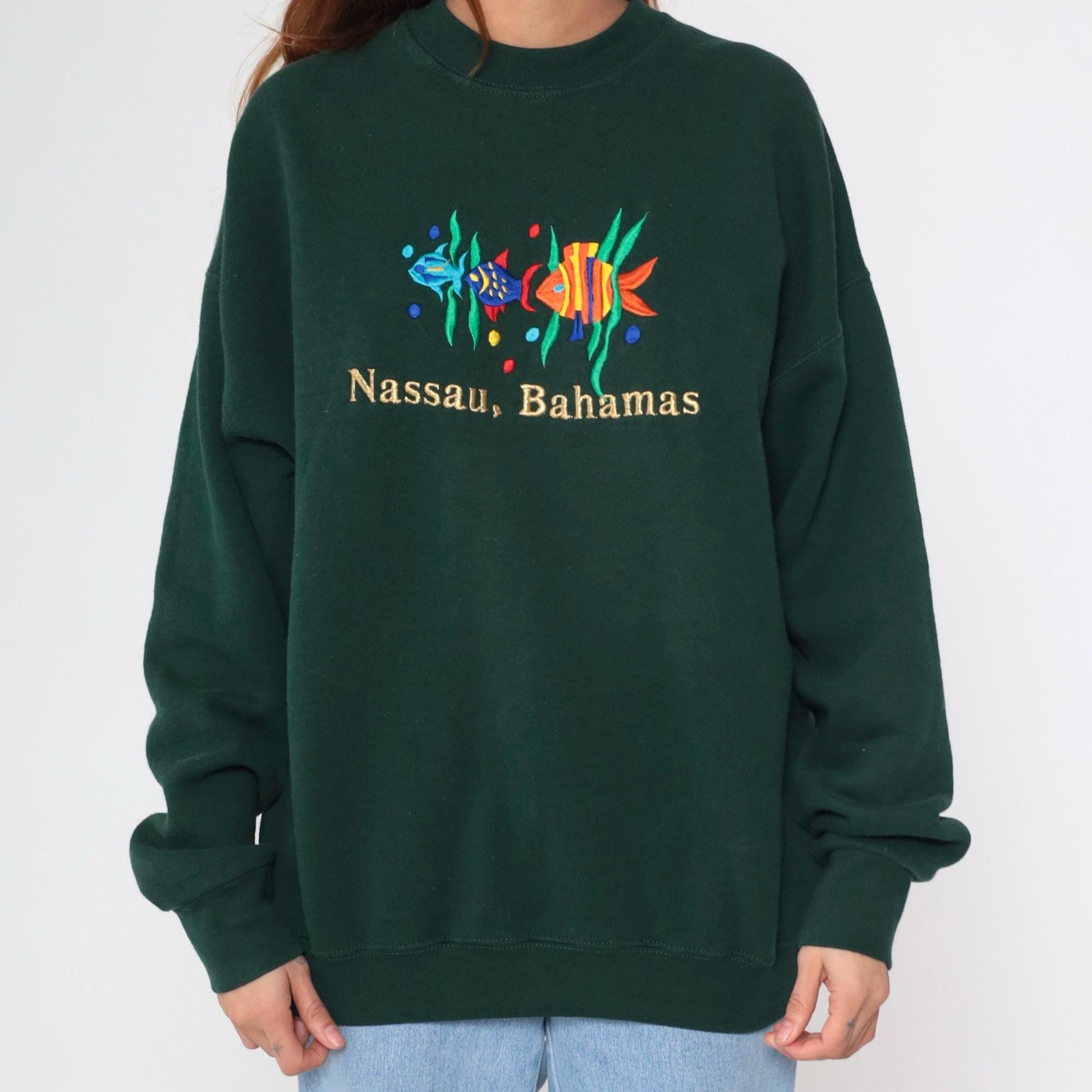 90s Nassau Bahamas Sweatshirt Dark Green Embroidered Fish Crewneck Extra Large XL