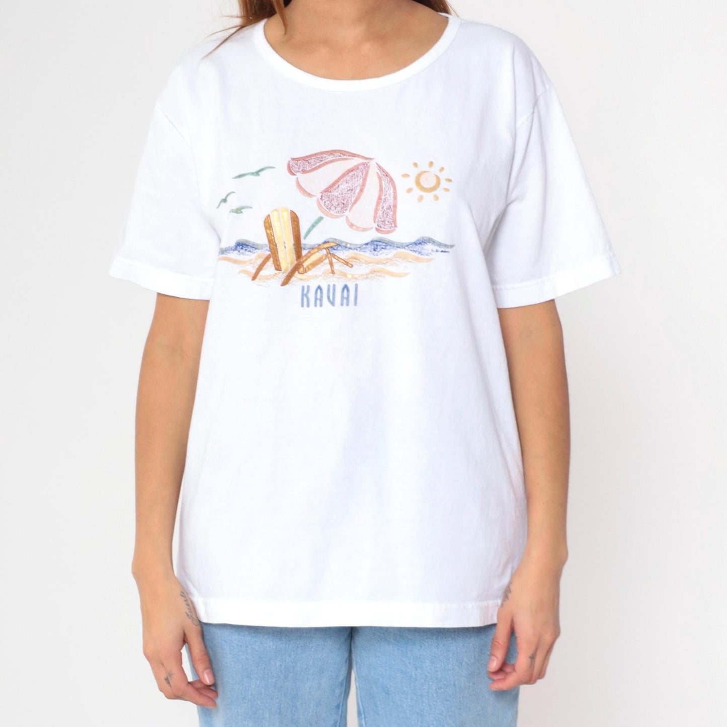 Y2K Kauai Hawaii Metallic Beach Graphic T-Shirt Cotton Tee Large