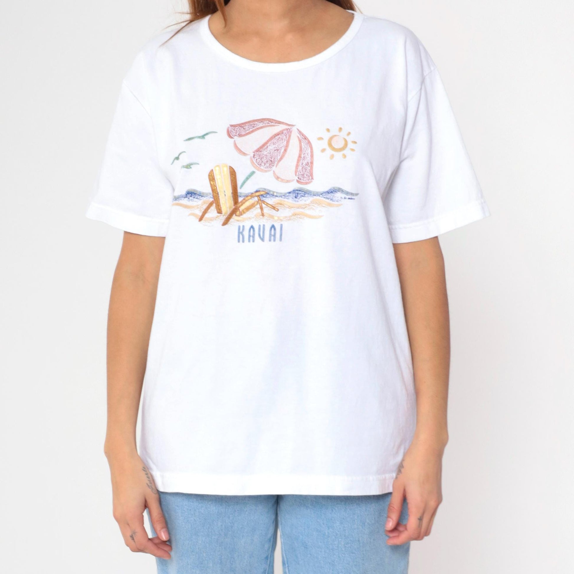 Y2K Kauai Hawaii Metallic Beach Graphic T-Shirt Cotton Tee Large