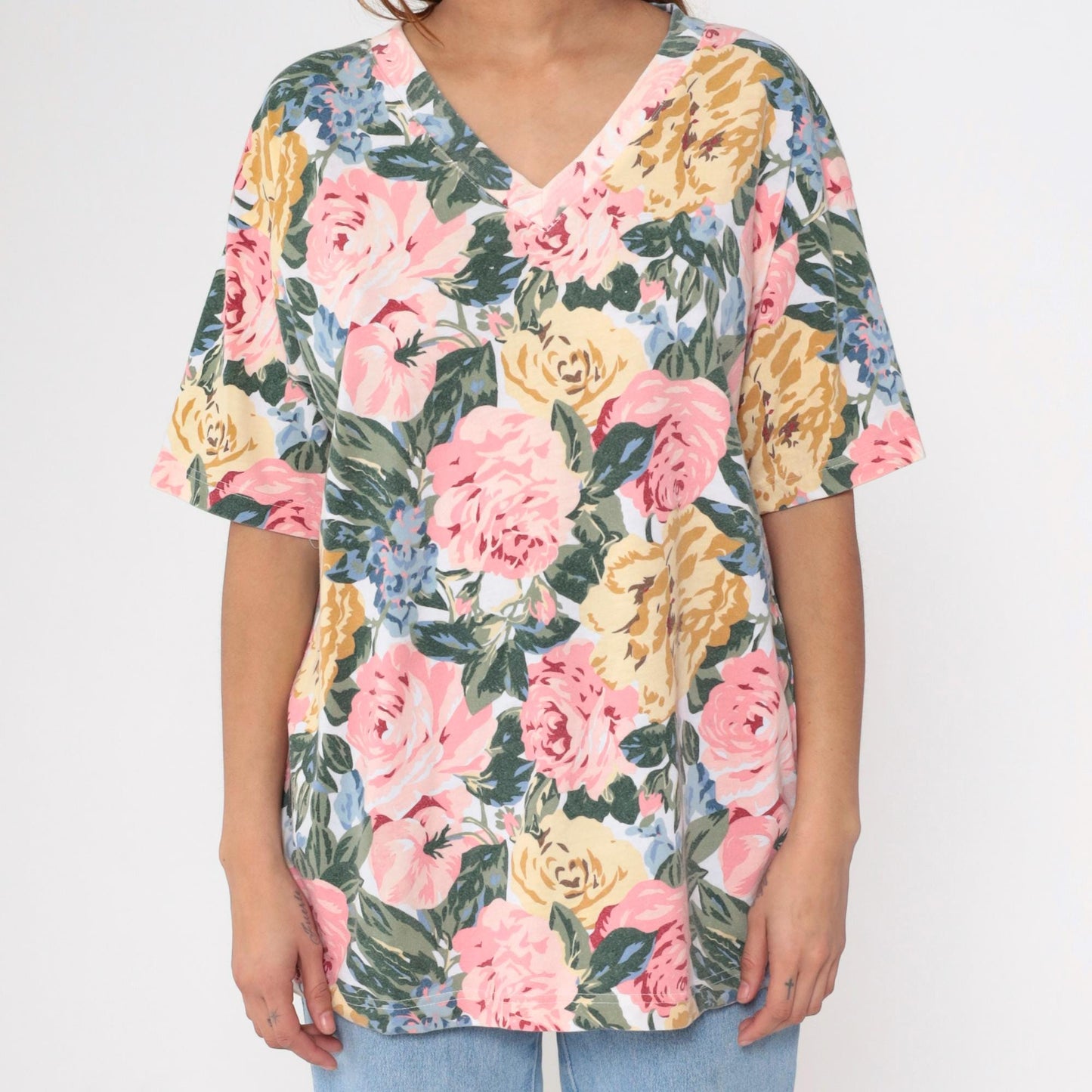 90s Express Tricot Floral T-Shirt Pink Rose Yellow Blue V-Neck Large L