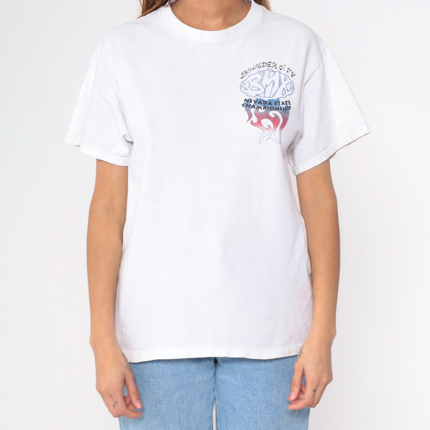 90s Boulder City BMX Nevada Championship T-Shirt White Flames Graphic Small