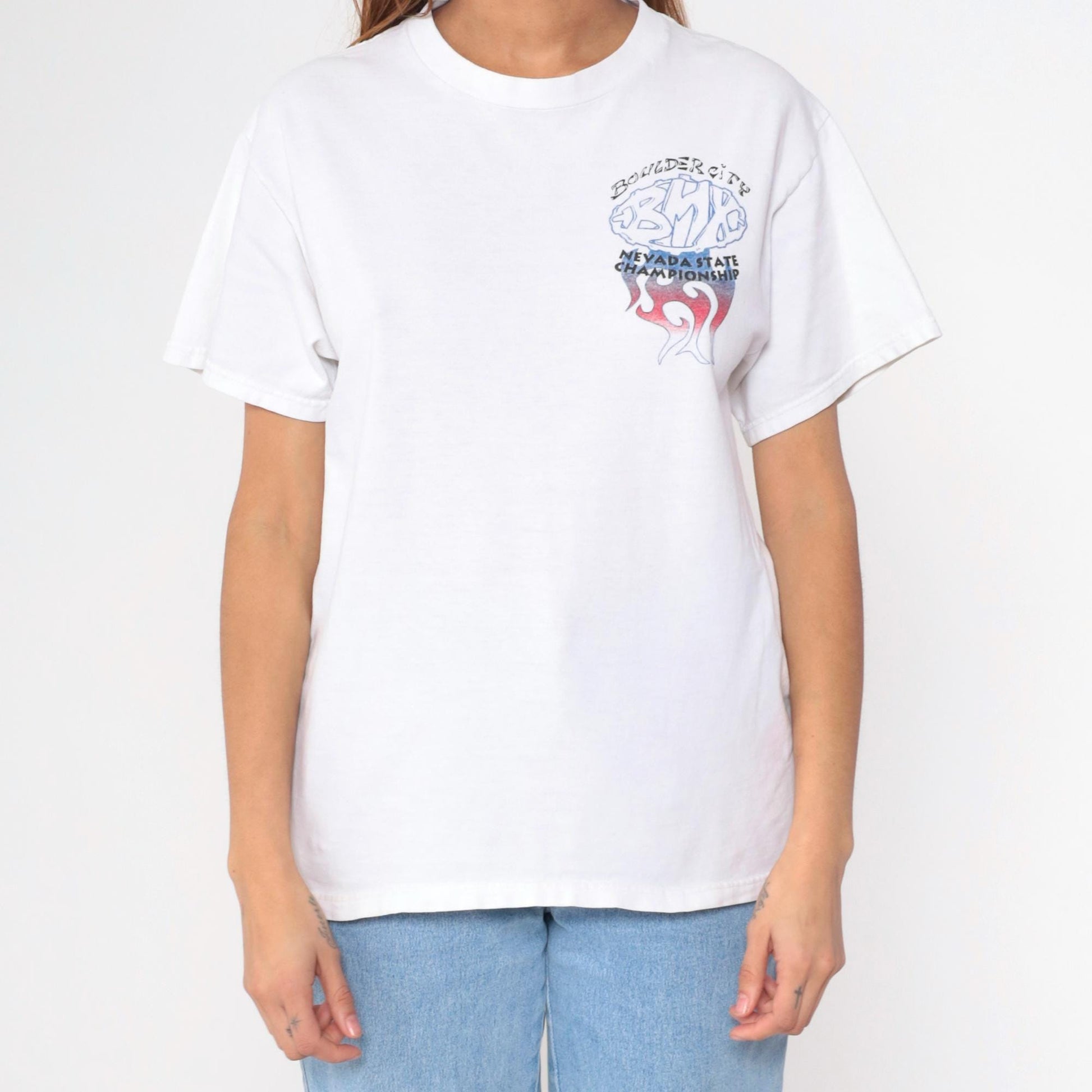 90s Boulder City BMX Nevada Championship T-Shirt White Flames Graphic Small