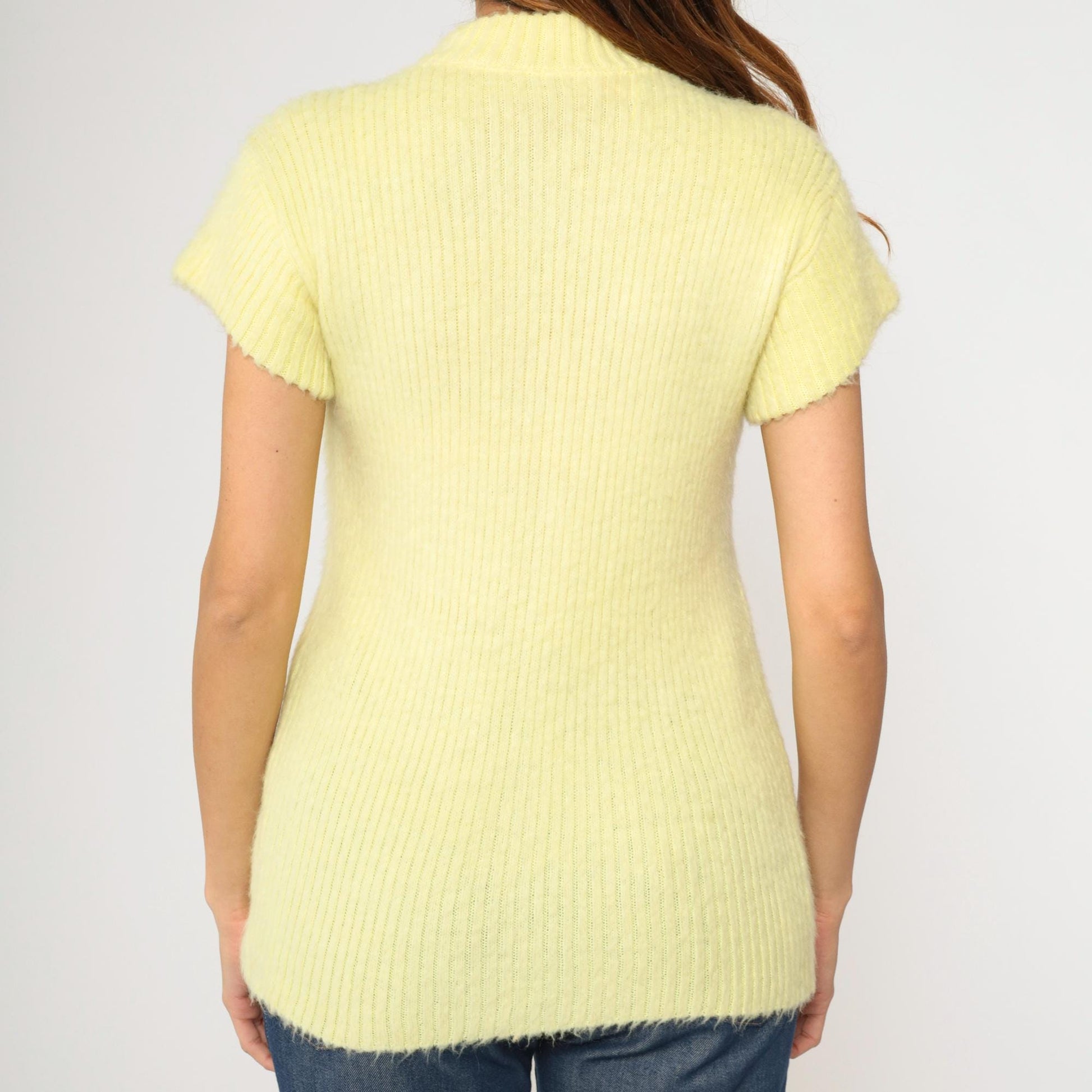60s Light Yellow Fuzzy Knit Cardigan Short Sleeve Button Up Small S