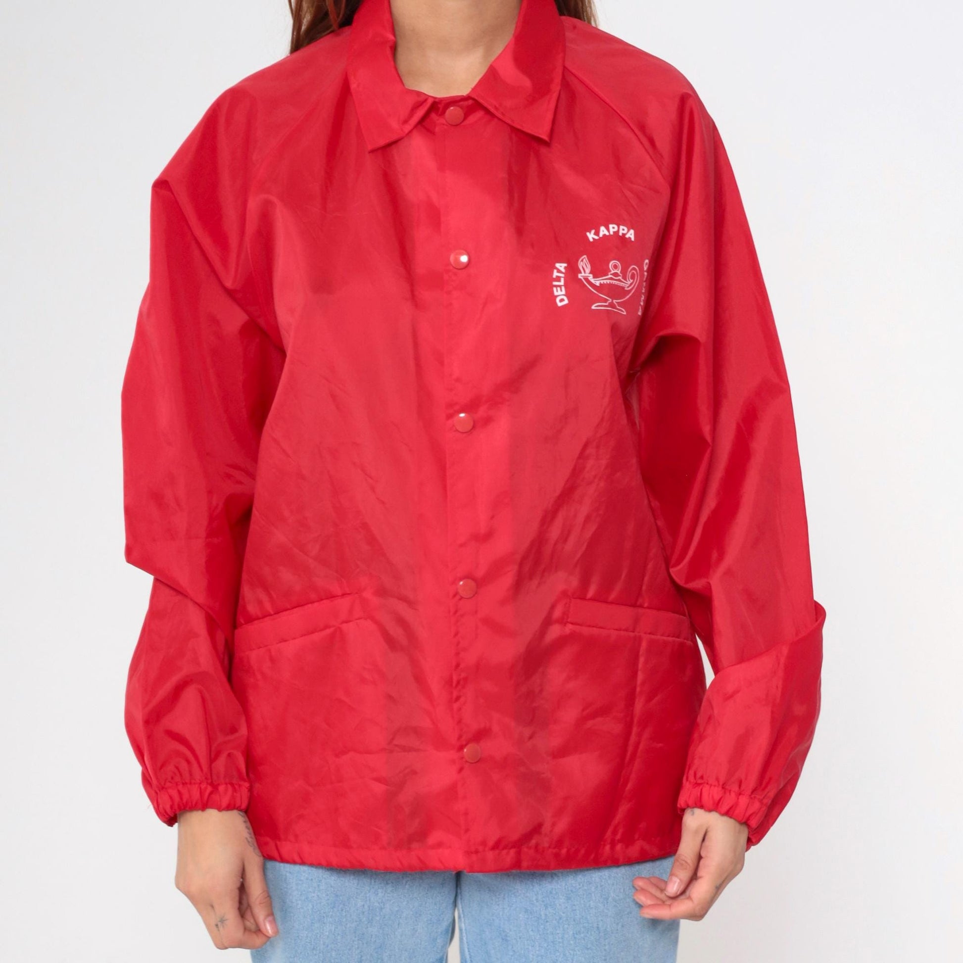 80s Delta Kappa Gamma Red Windbreaker Jacket Snap-Up Raglan Large
