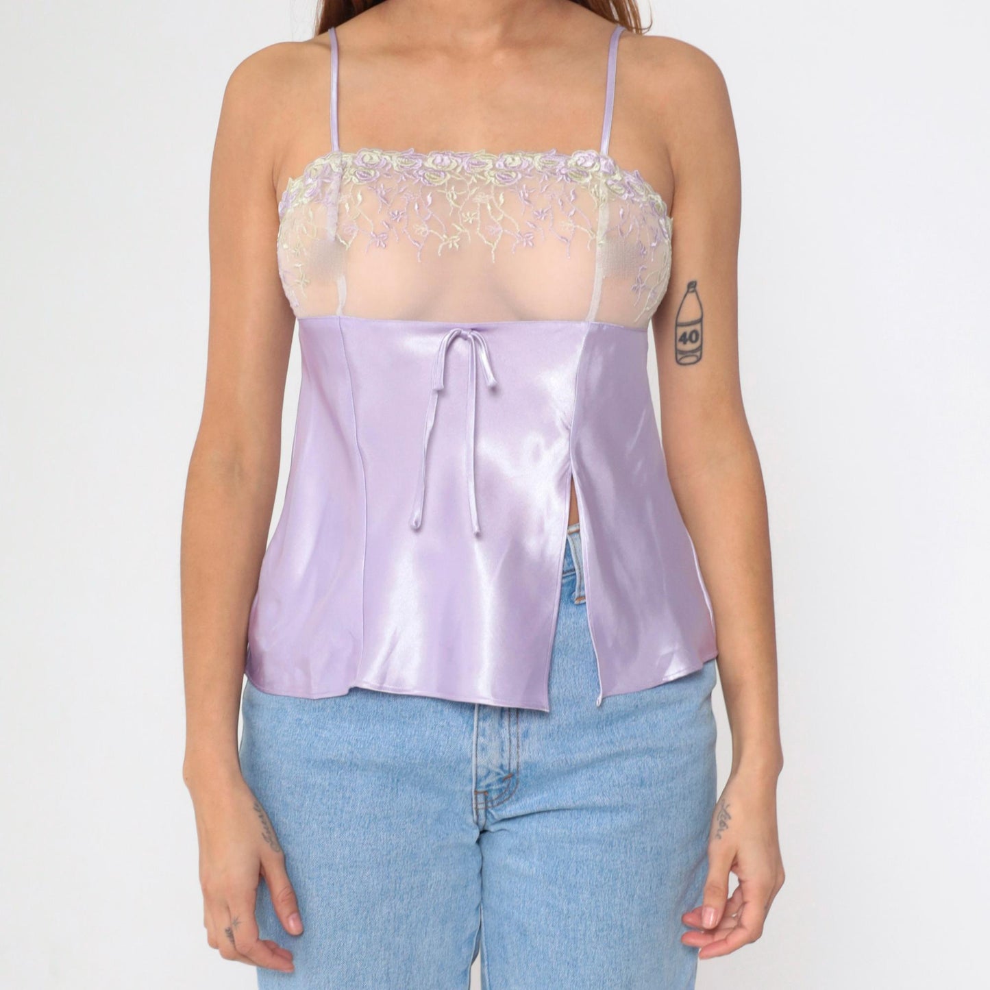 90s Lavender Satin Camisole Floral Embroidered Mesh Spaghetti Strap Medium