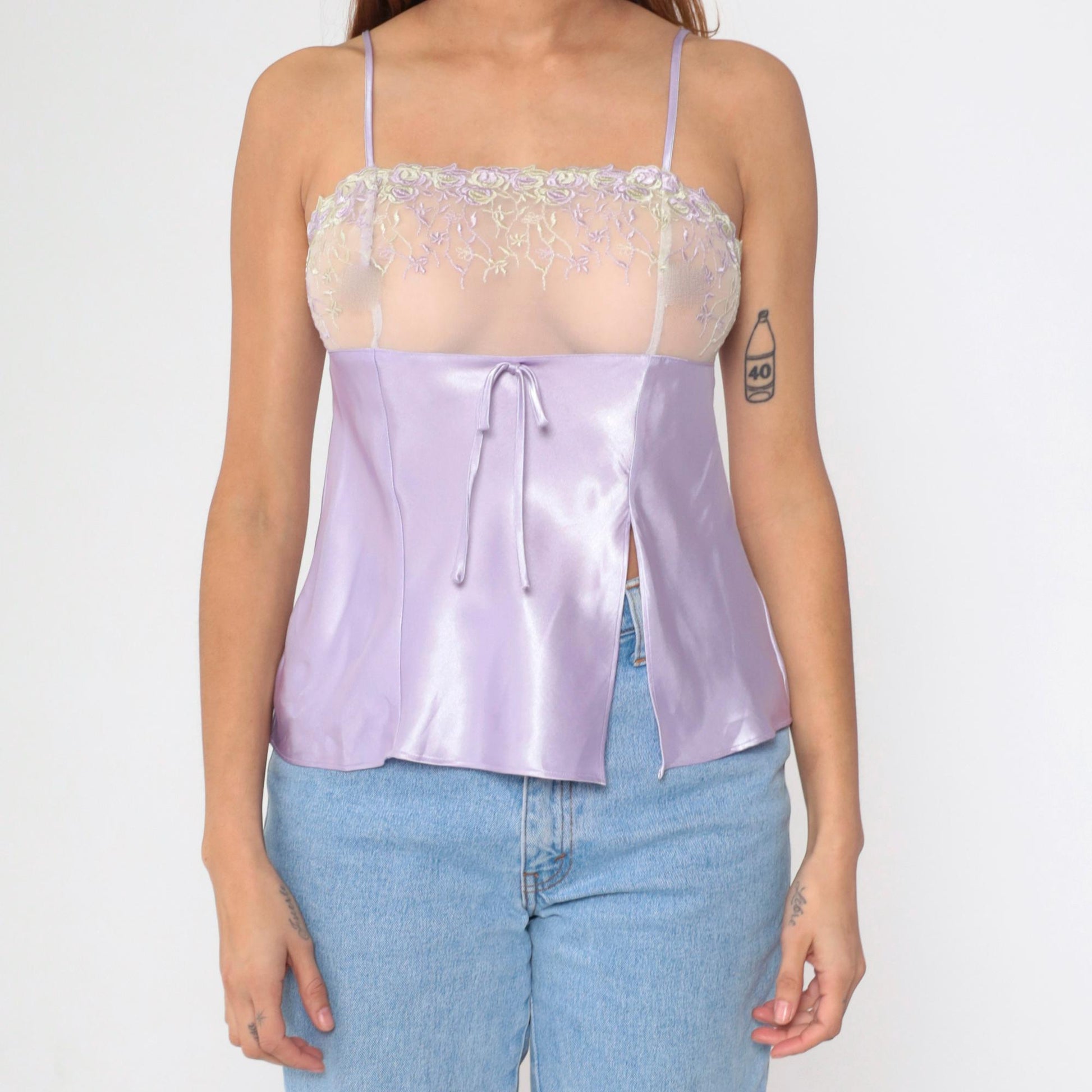 90s Lavender Satin Camisole Floral Embroidered Mesh Spaghetti Strap Medium