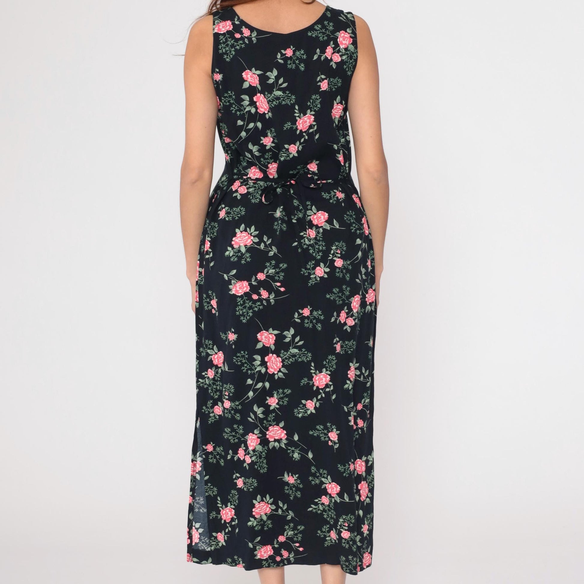 90s Kathie Lee Black Floral Midi Dress Pink Flower Print Sleeveless Medium