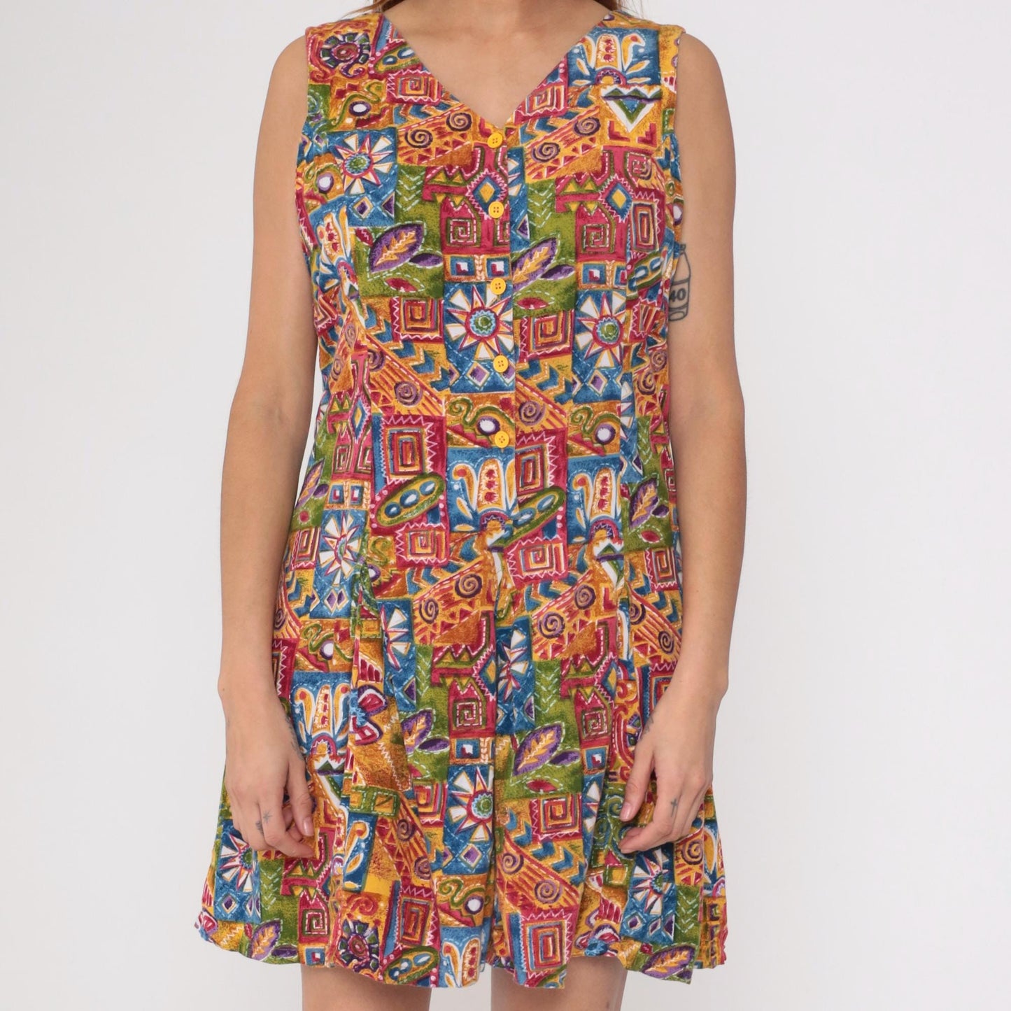 90s Geometric Floral Romper Playsuit Button-Up Sleeveless Wide Leg Extra Large XXL