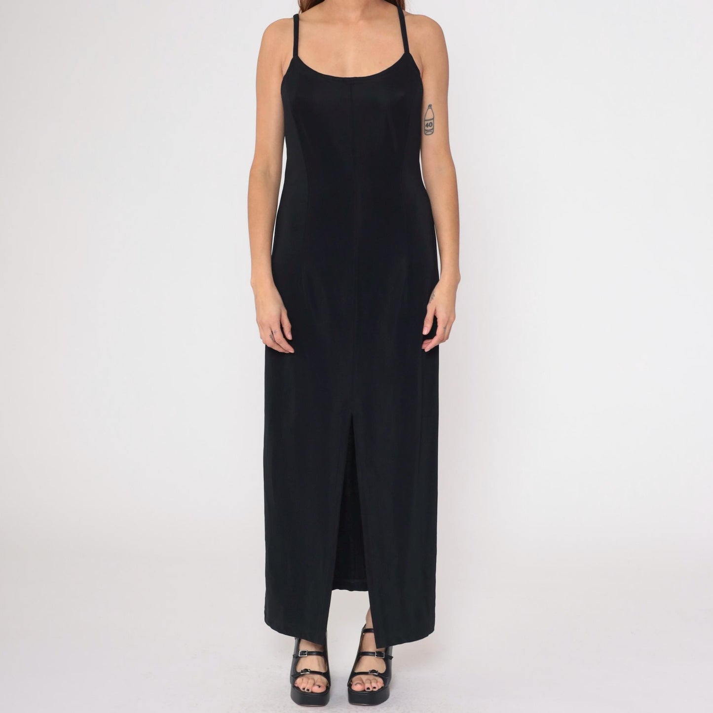 90s Scott McClintock Black Maxi Dress Spaghetti Strap Low Back Slit Medium