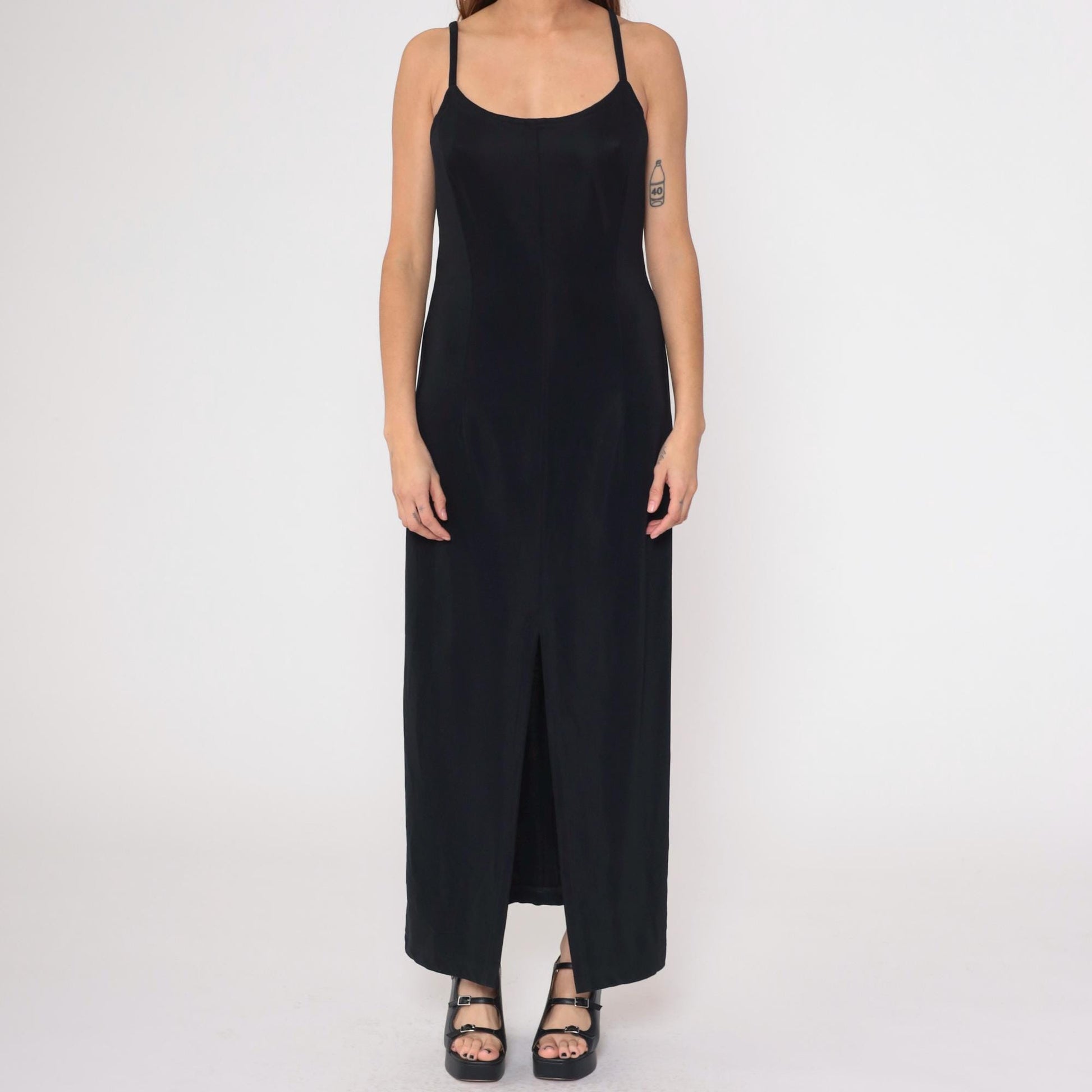 90s Scott McClintock Black Maxi Dress Spaghetti Strap Low Back Slit Medium