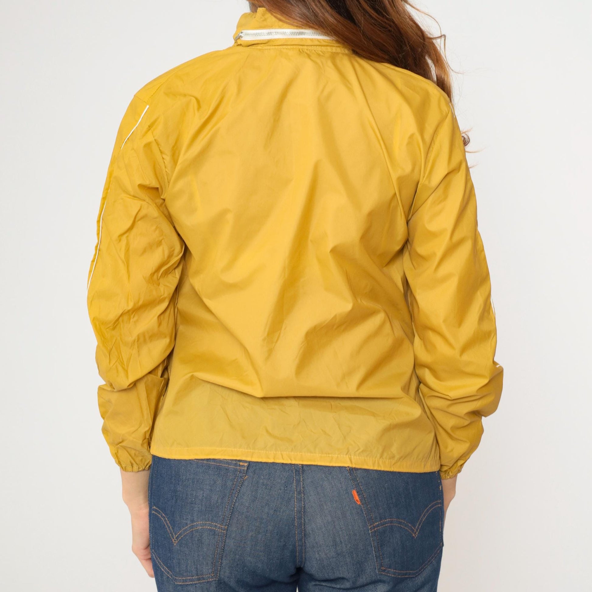 70s Mustard Yellow Windbreaker Jacket Zip Up White Trim Extra Small