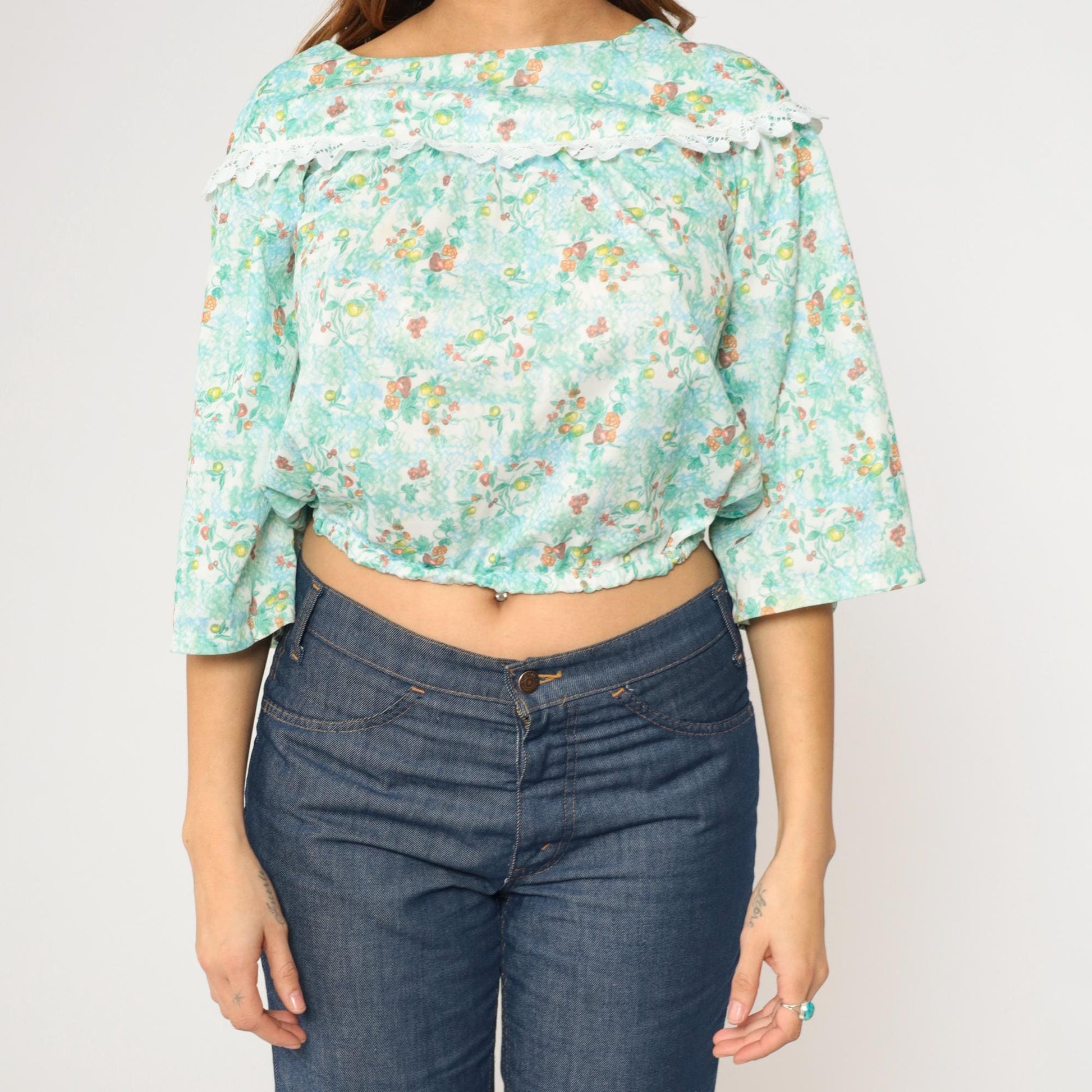 70s Peasant Blouse Fruit Print Crop Top Blue Green 3/4 Sleeve Extra Small