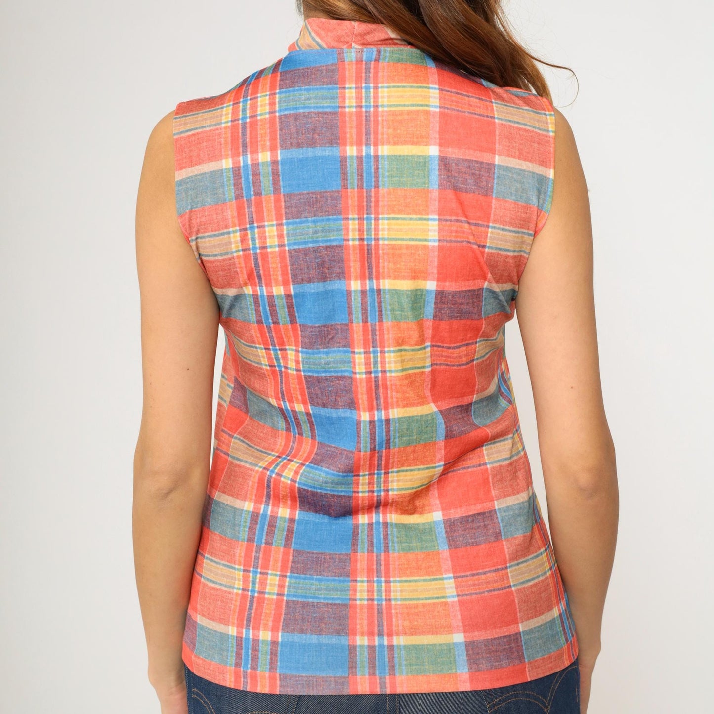 70s Checkered Tank Top Ascot Neckline Sleeveless Blouse Orange Blue Yellow Small