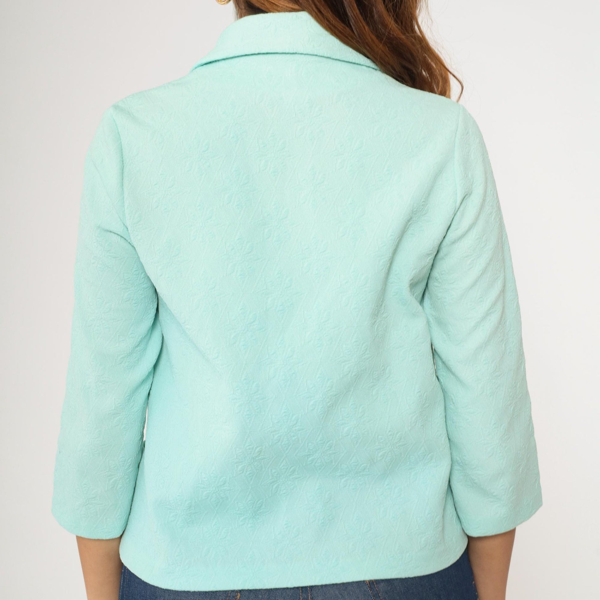 70s Pastel Turquoise Button-Up Blouse Textured Floral Polyester Collar Small