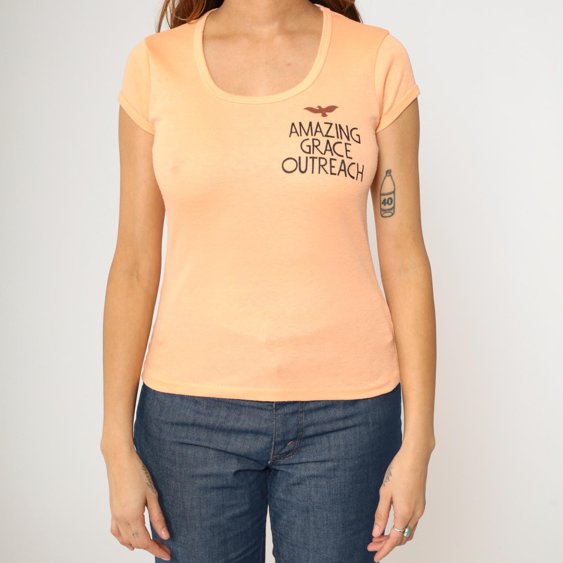 70s Amazing Grace Outreach Peach Graphic Tee Bible Verse Dove Small S