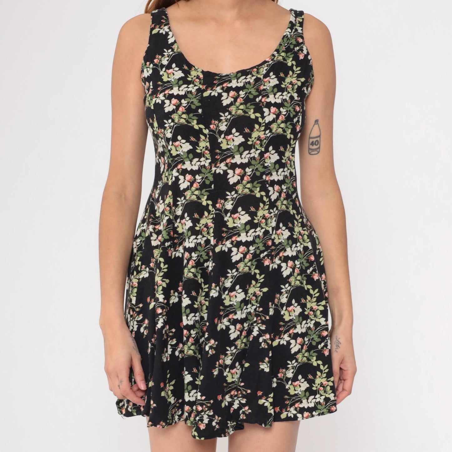 90s Black Floral Mini Dress Sleeveless A-Line Rayon Sundress Small