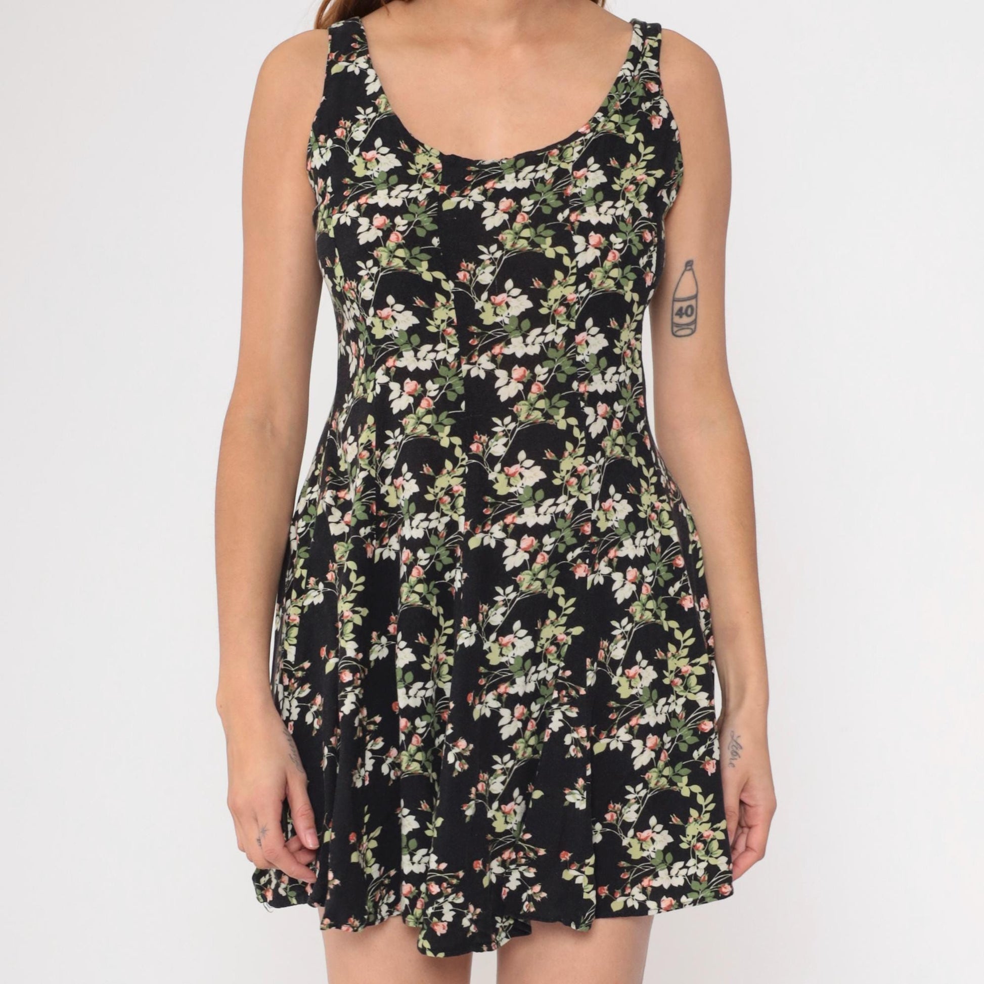 90s Black Floral Mini Dress Sleeveless A-Line Rayon Sundress Small