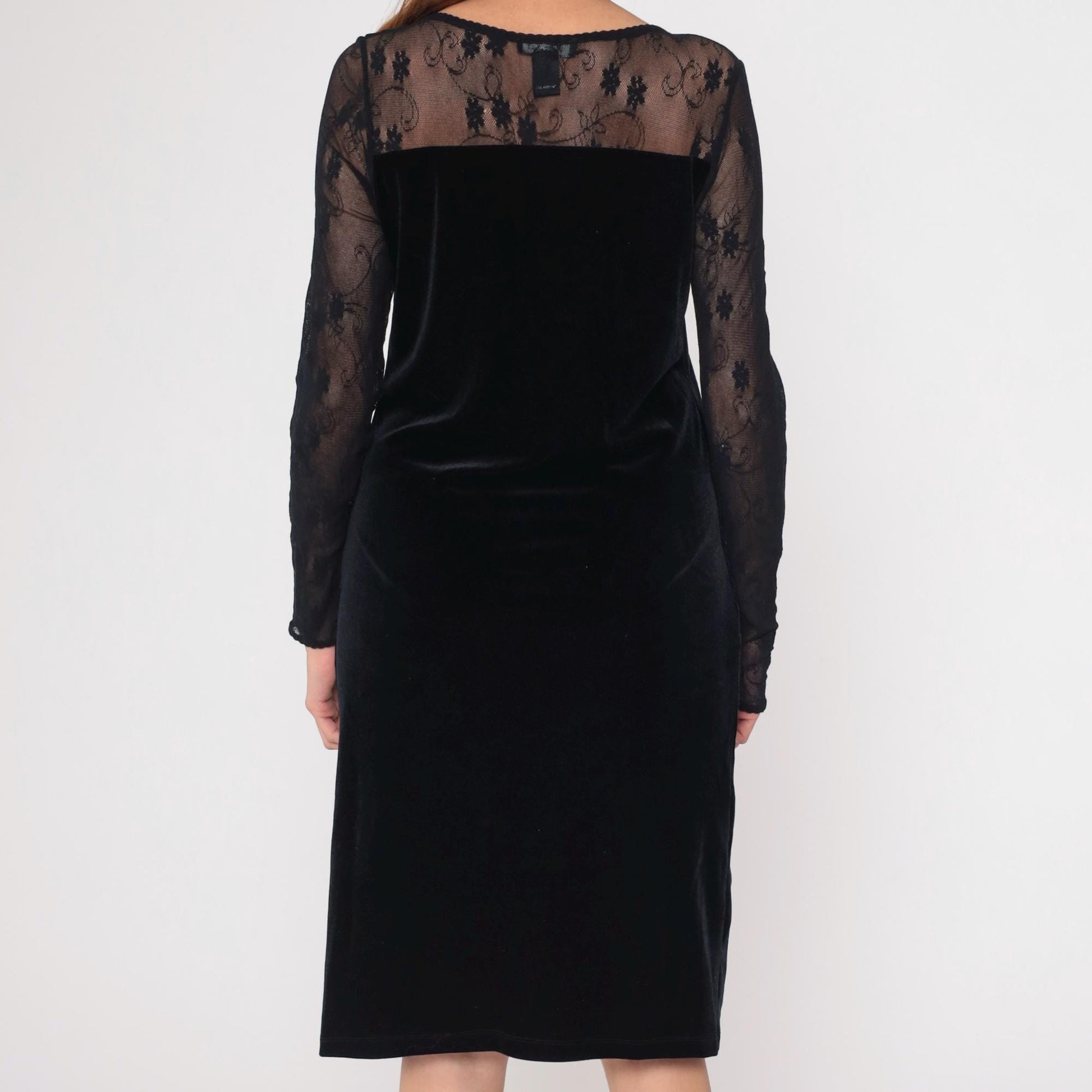 90s Black Velvet Bodycon Midi Dress Lace Illusion Neckline Large L