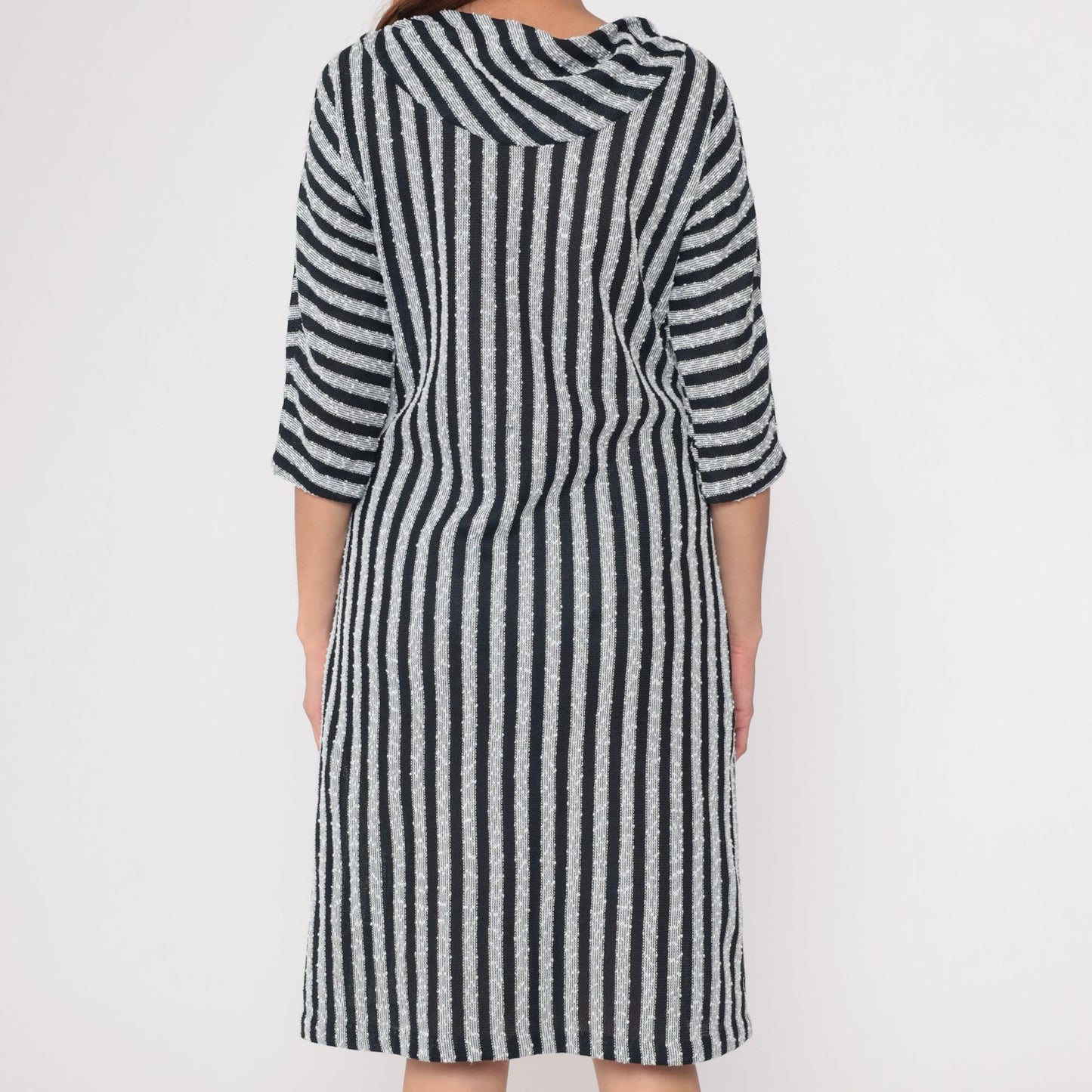 90s Black White Striped Knit Midi Shirtdress Dolman Sleeve V Neck Medium