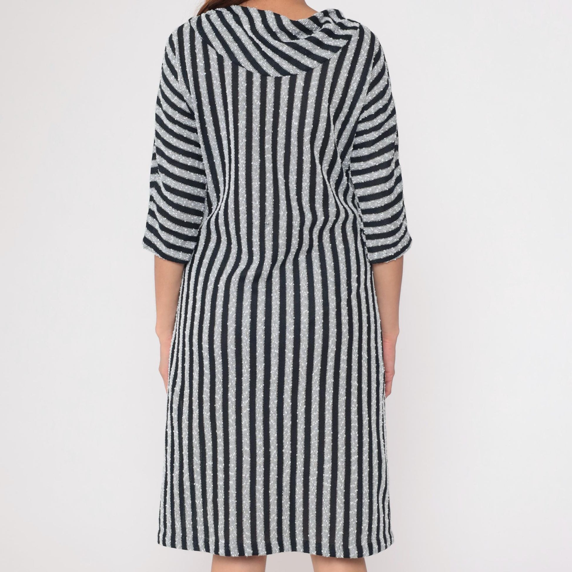 90s Black White Striped Knit Midi Shirtdress Dolman Sleeve V Neck Medium