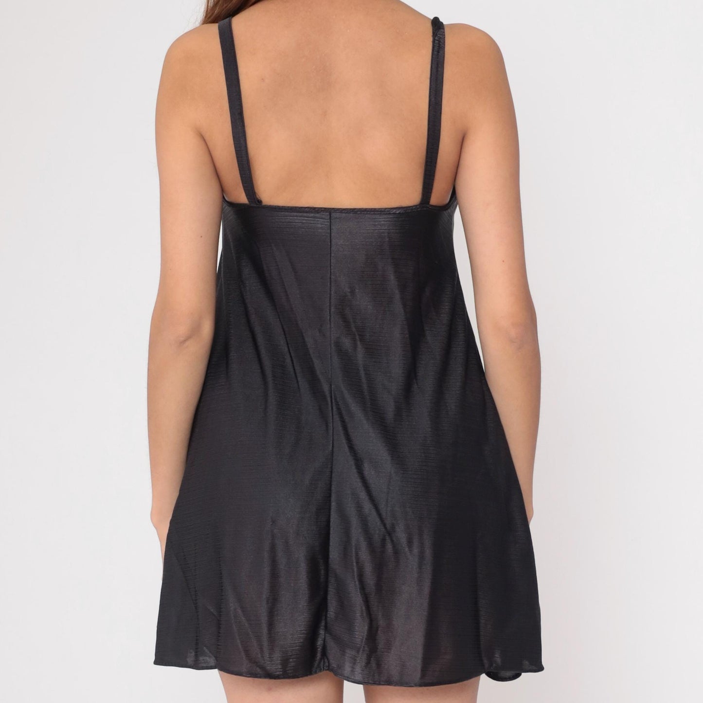 90s Black Slip Dress Spaghetti Strap Bow Mini Nightgown Small