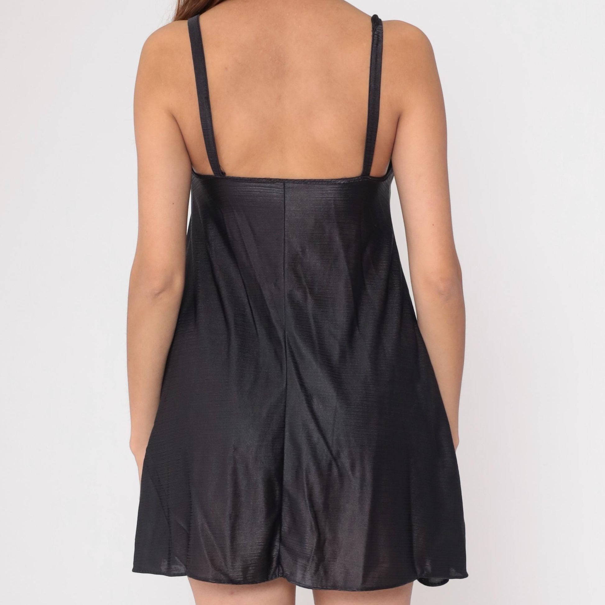 90s Black Slip Dress Spaghetti Strap Bow Mini Nightgown Small