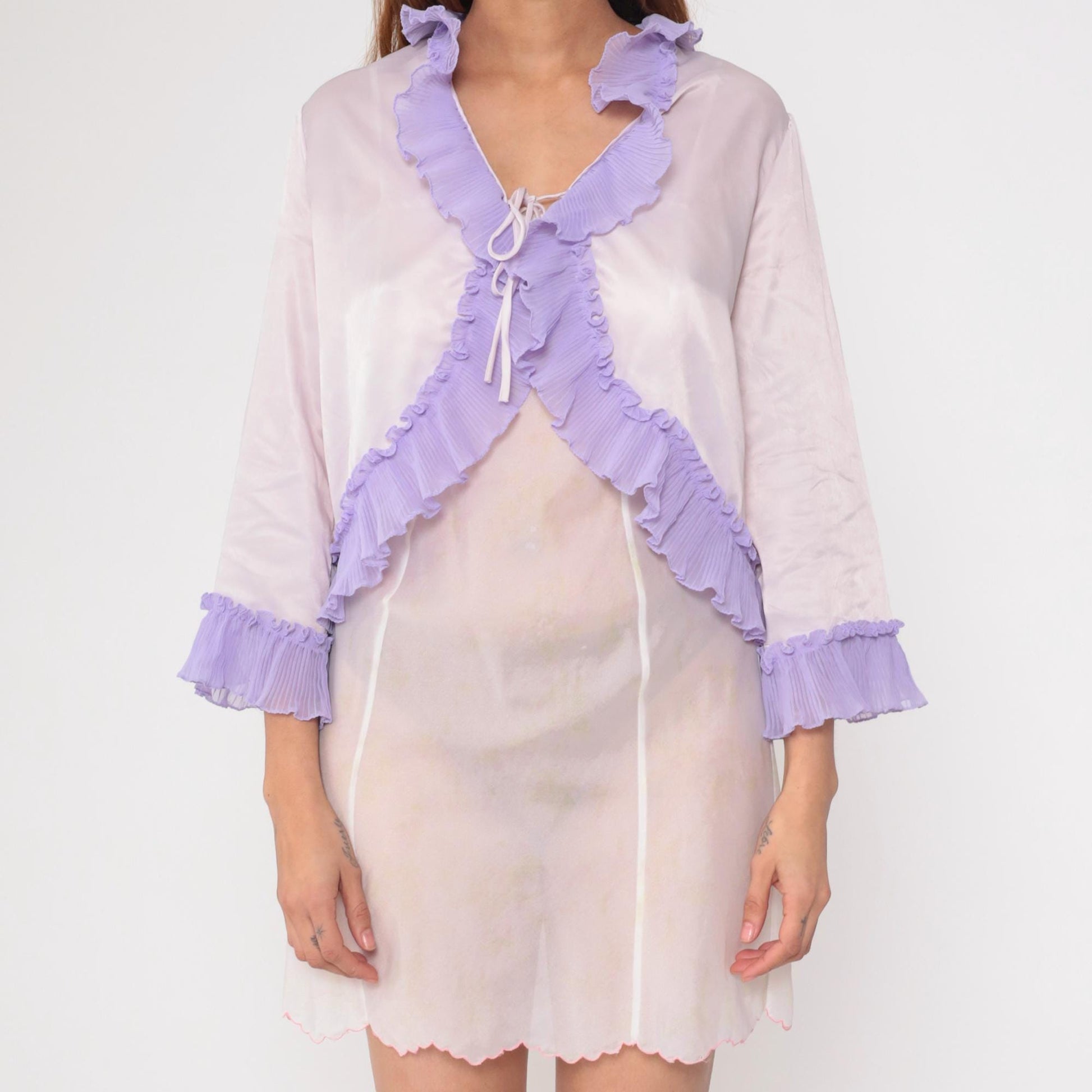 90s Mary McFadden Bed Jacket Pale Pink Lavender Ruffled Tie Front Small
