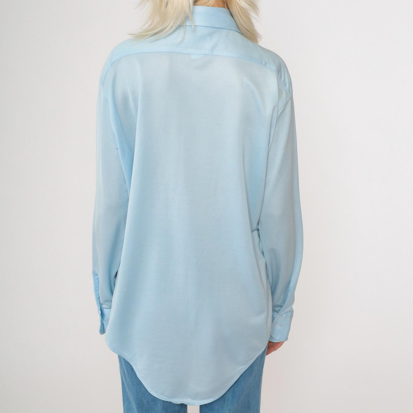 70s Baby Blue Dagger Collar Button-Up Shirt Disco Oxford Long Sleeve Medium