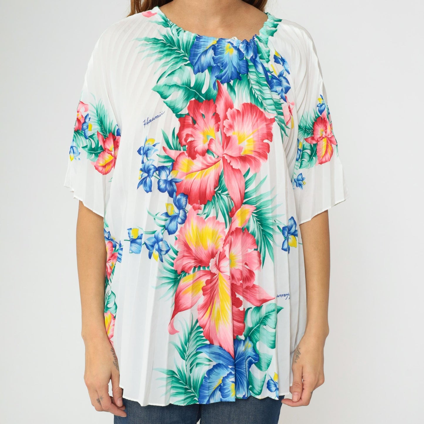70s Royal Creations Hawaiian Caftan Top Floral Pleated Kimono One Size