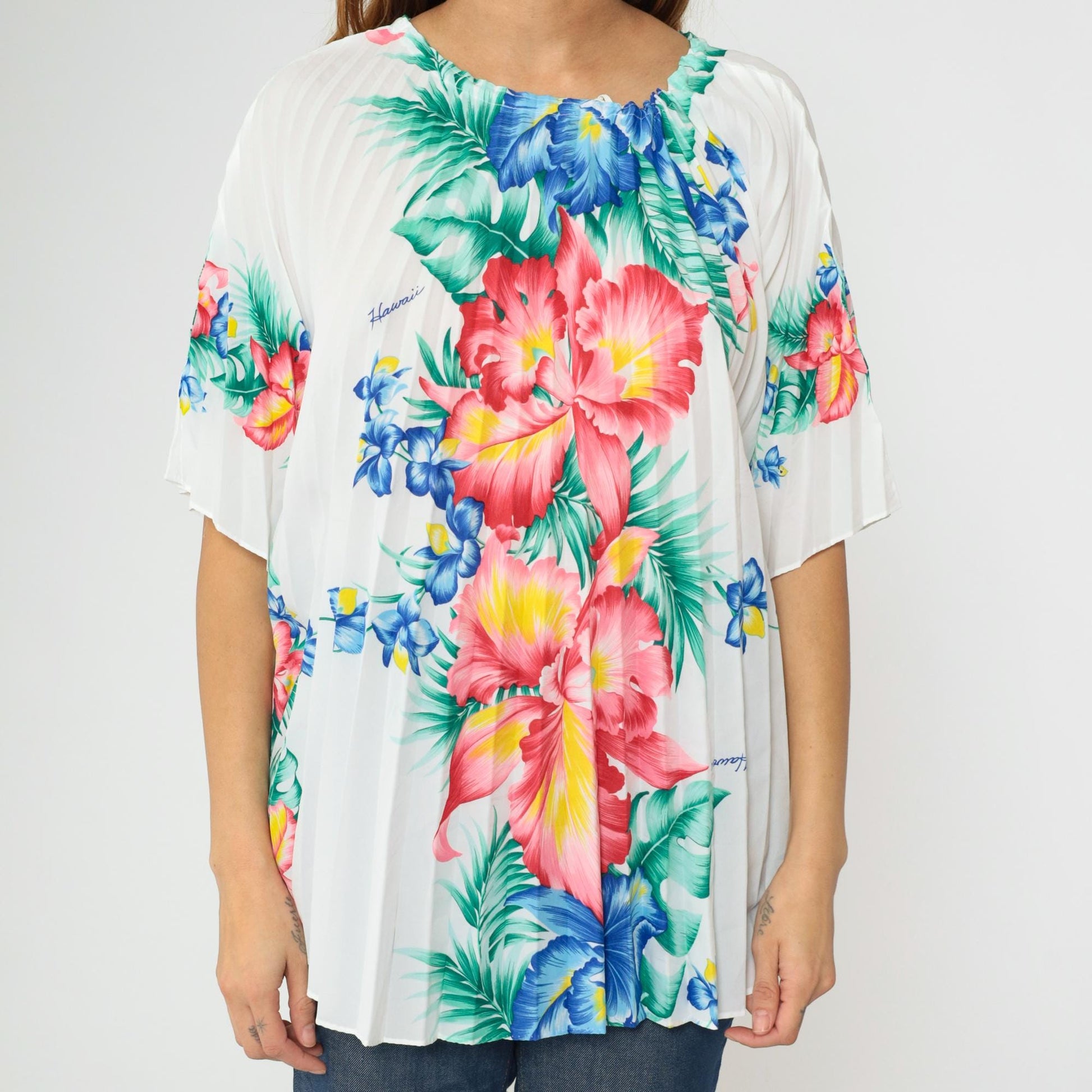 70s Royal Creations Hawaiian Caftan Top Floral Pleated Kimono One Size