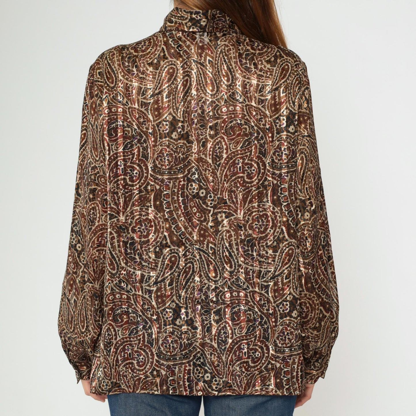 80s Yves St. Clair Paisley Puff Sleeve Blouse Metallic High Collar Large