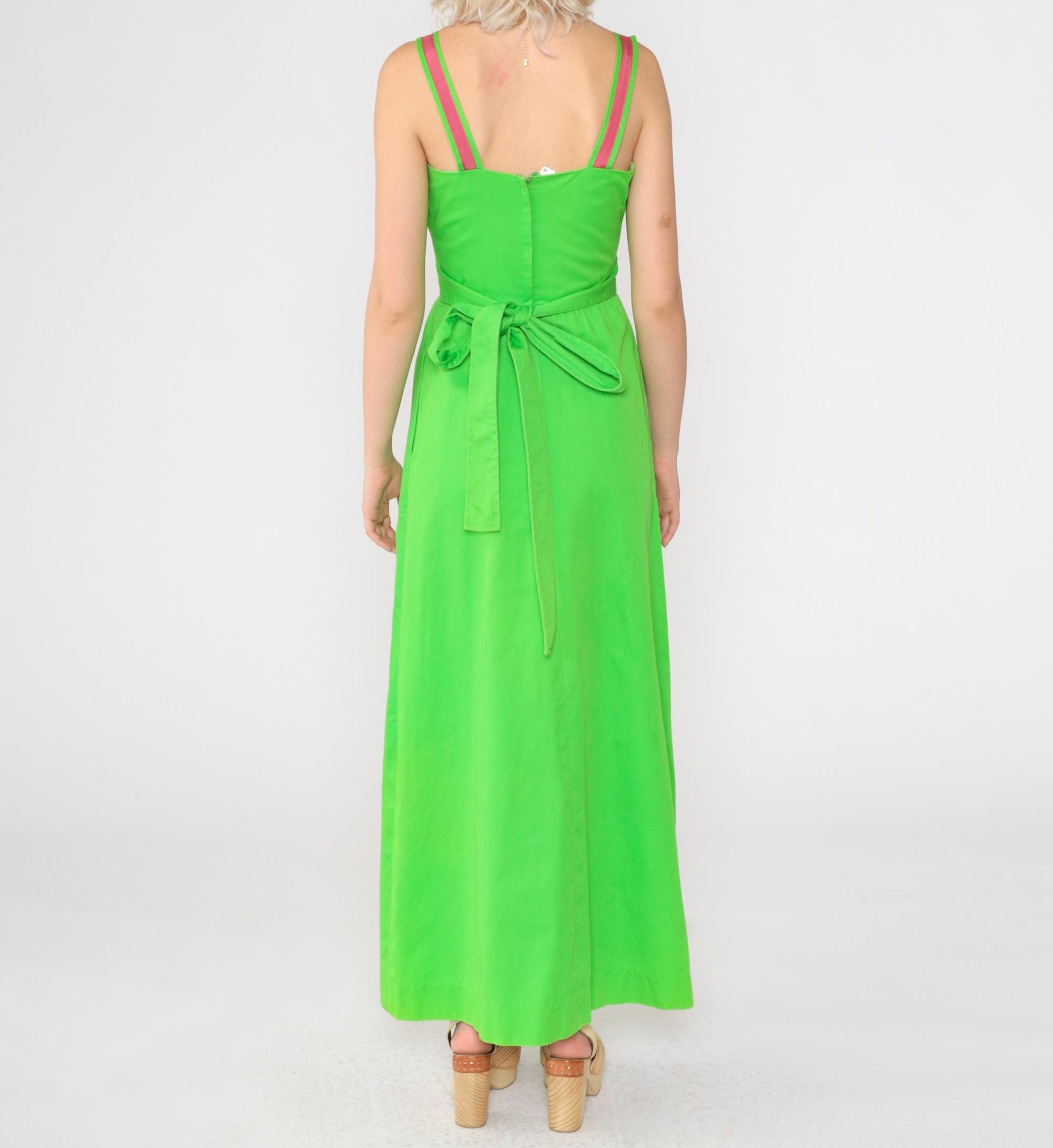 70s Bright Green Maxi Sundress Sleeveless High Waist Striped Trim Pockets XS