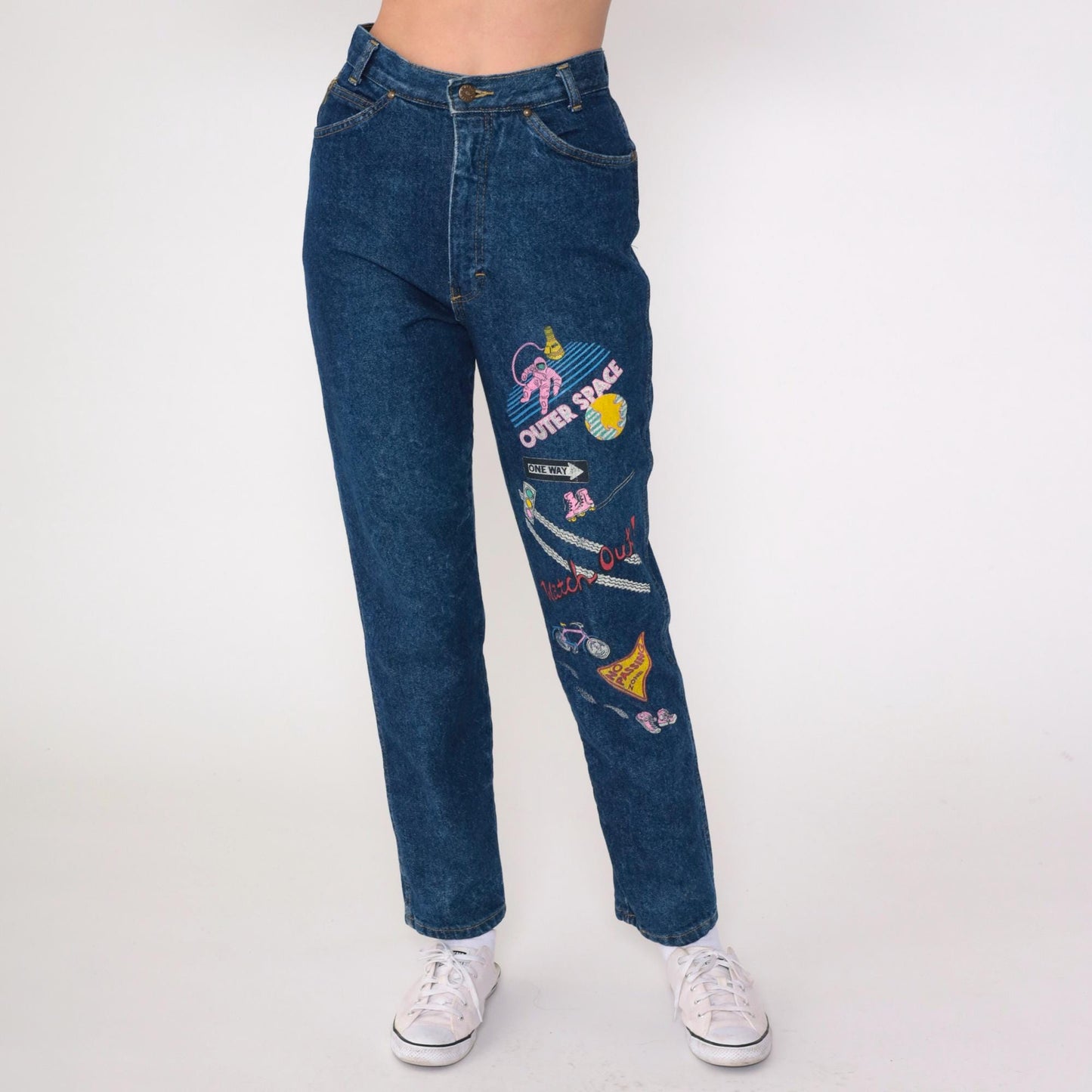 90s Astronaut Roller Skate Graphic High-Waist Jeans Dark Blue Denim Extra Small